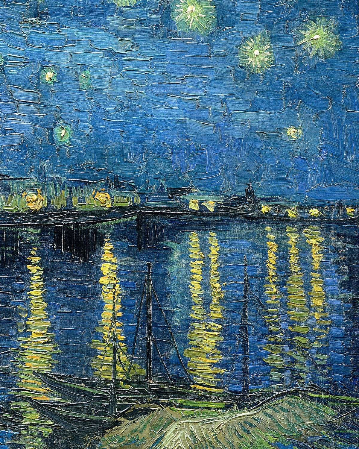 Detail van Sterrennacht boven de Rhône (1888) van Vincent van Gogh: de lichten van Arles weerspiegelen in de rivier onder een blauwe sterrenhemel