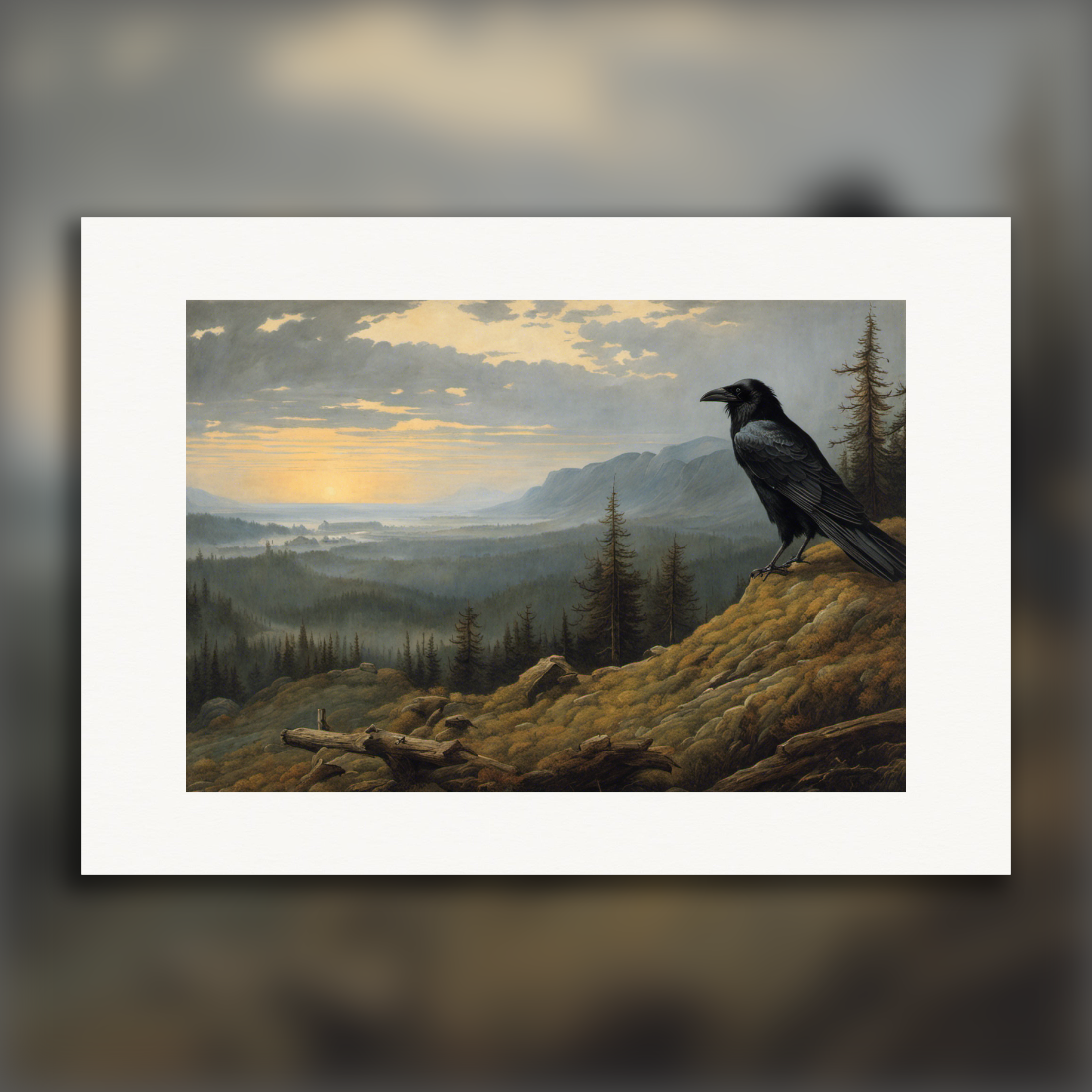 Betoverende landschappen die spirituele introspectie oproepen, een kraai - Poster