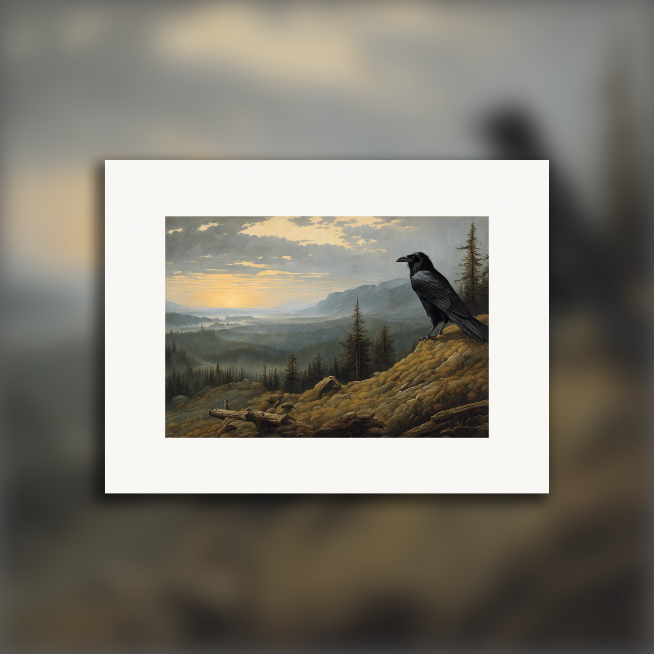 Betoverende landschappen die spirituele introspectie oproepen, een kraai - Poster