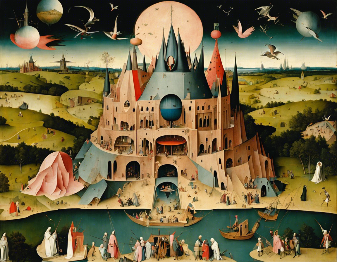 Moral allegorieën en chaotische visies op hemel en hel, brutalistische architectuur - Poster