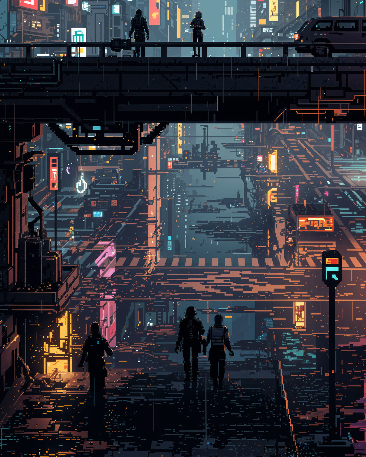 Scène de ville cyberpunk futuriste, avec des silhouettes de piétons marchant sous des passerelles surélevées et des enseignes lumineuses au néon dans des tons bleus, roses, orange et jaunes.
