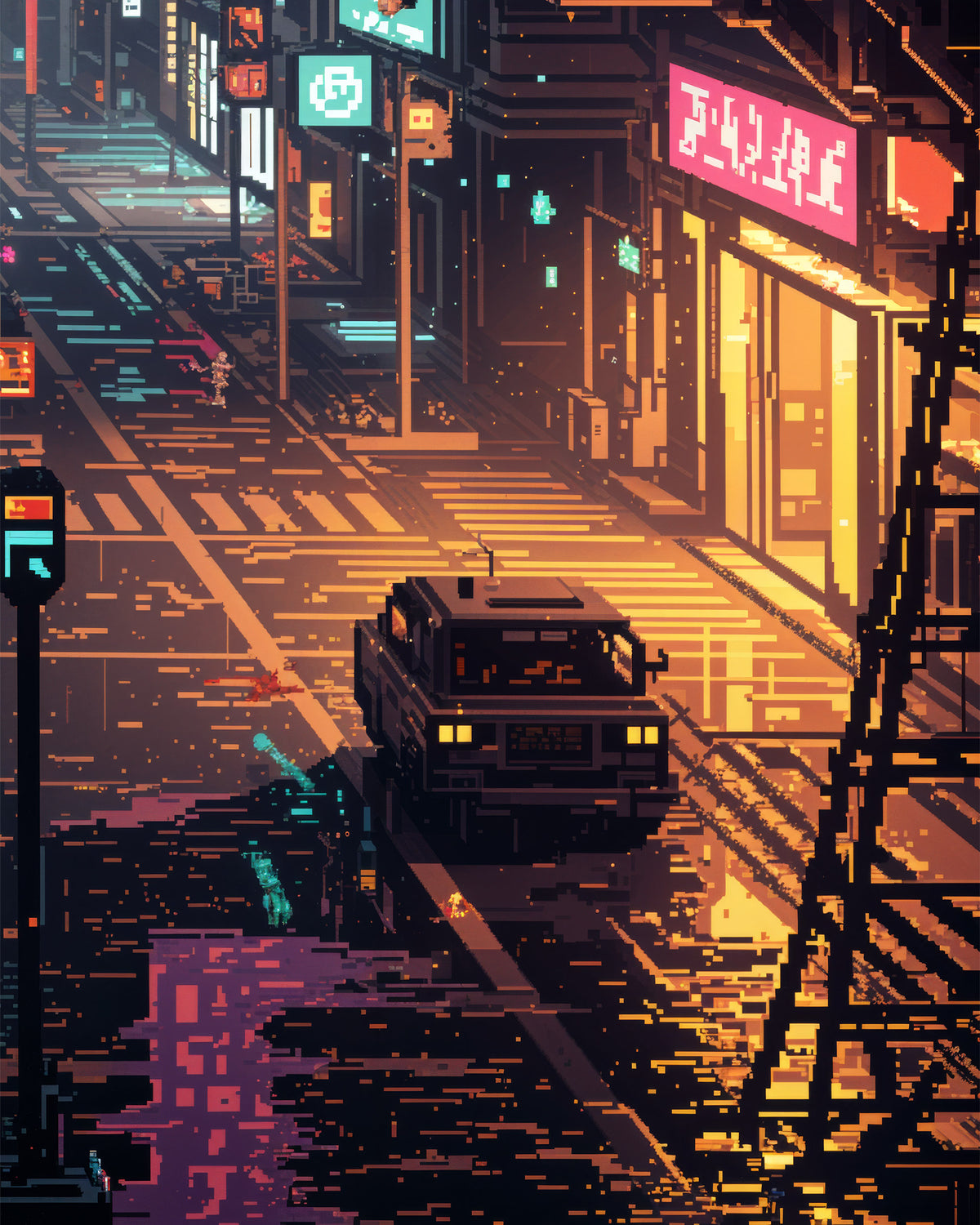 Scène de rue stylisée dans une ville illuminée au néon la nuit, avec un véhicule sombre sur une chaussée mouillée, des enseignes de magasins lumineuses et une illustration numérique pixelisée dans des tons orange, violets, bleus et jaunes.