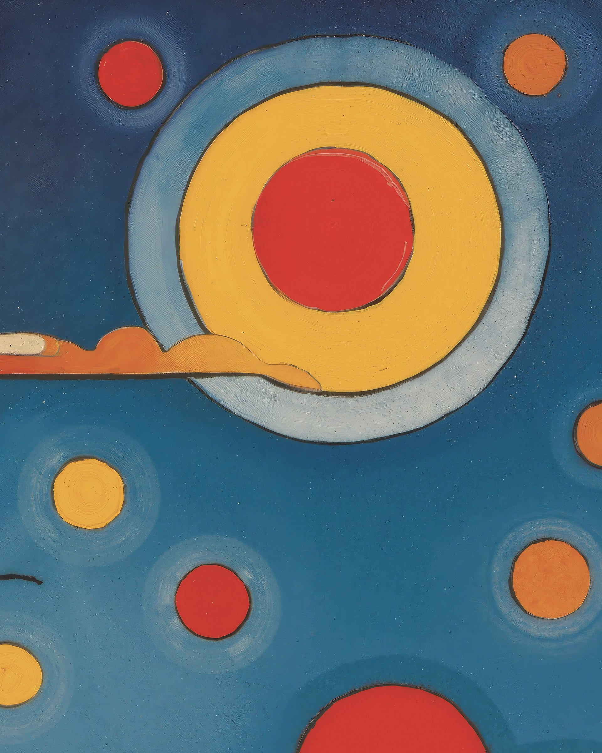 Abstract art print featuring concentric circles and dots in red, yellow, orange, and light blue on a deep blue background.