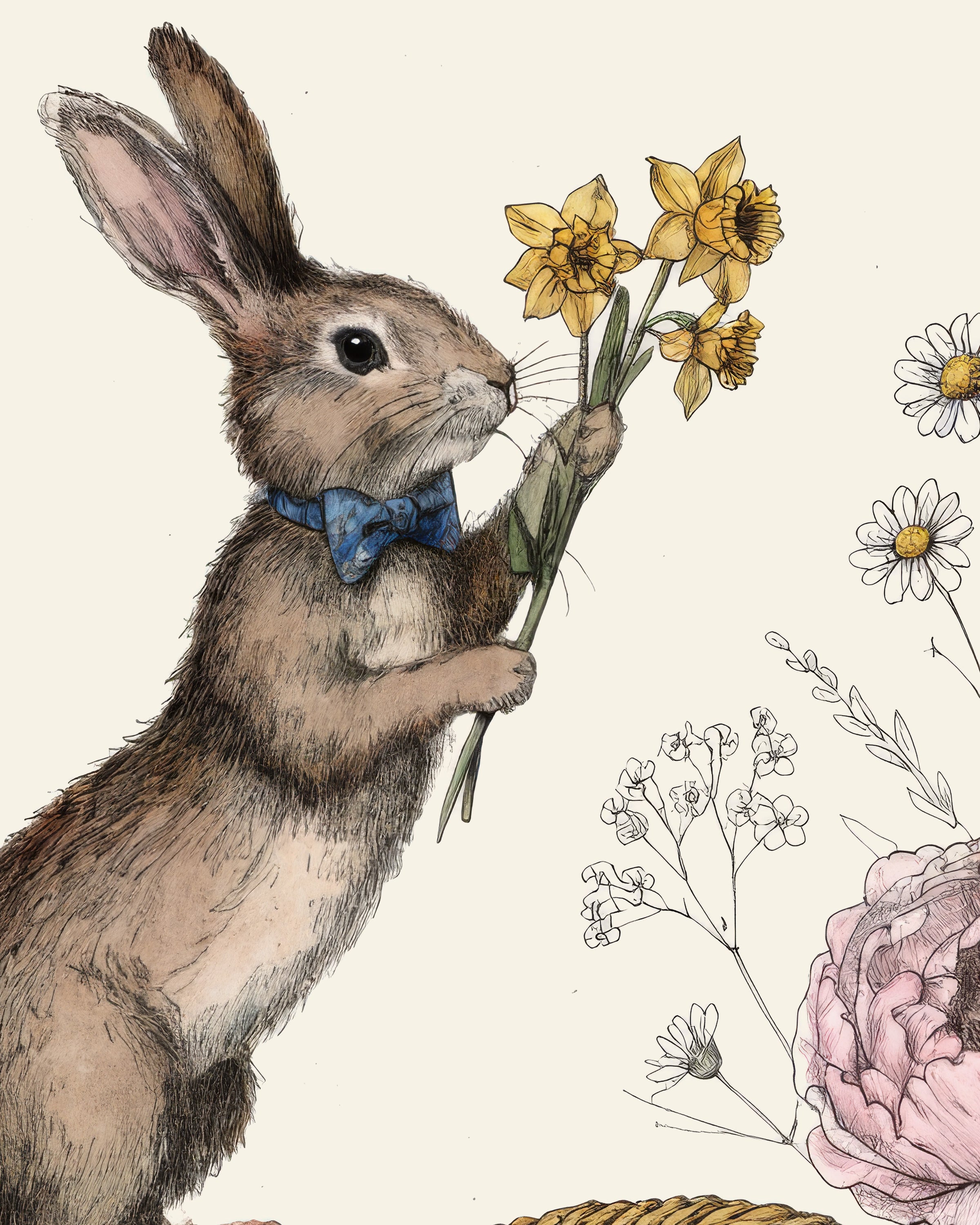 Impression artistique de lapin nœud papillon avec panier de Pâques - Affiche