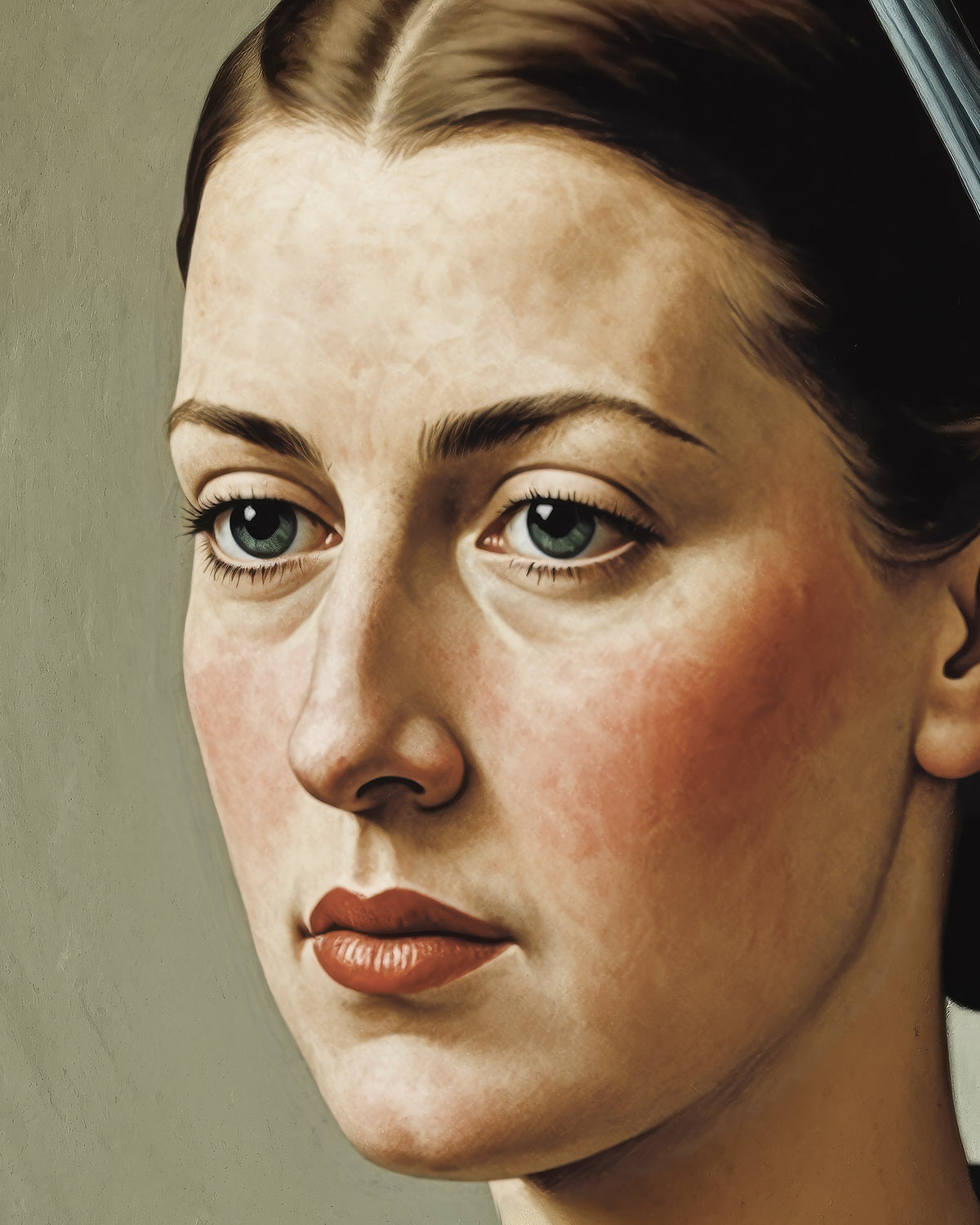 Portrait rapproché d’une jeune femme aux yeux bleus, le regard ailleurs
