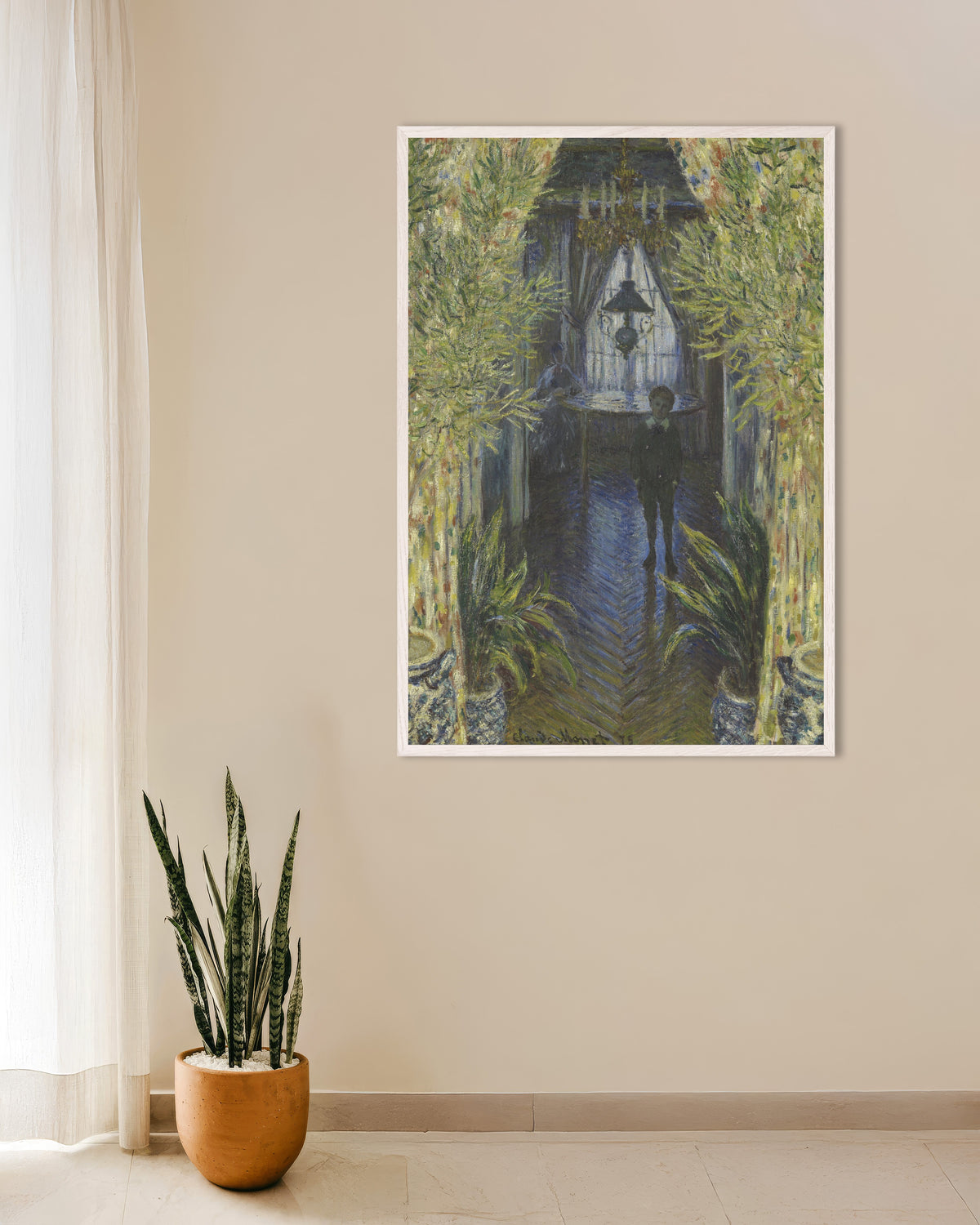 Affiche Un coin d'appartement (1875) de Claude Monet, avec un cadre en bois blanc