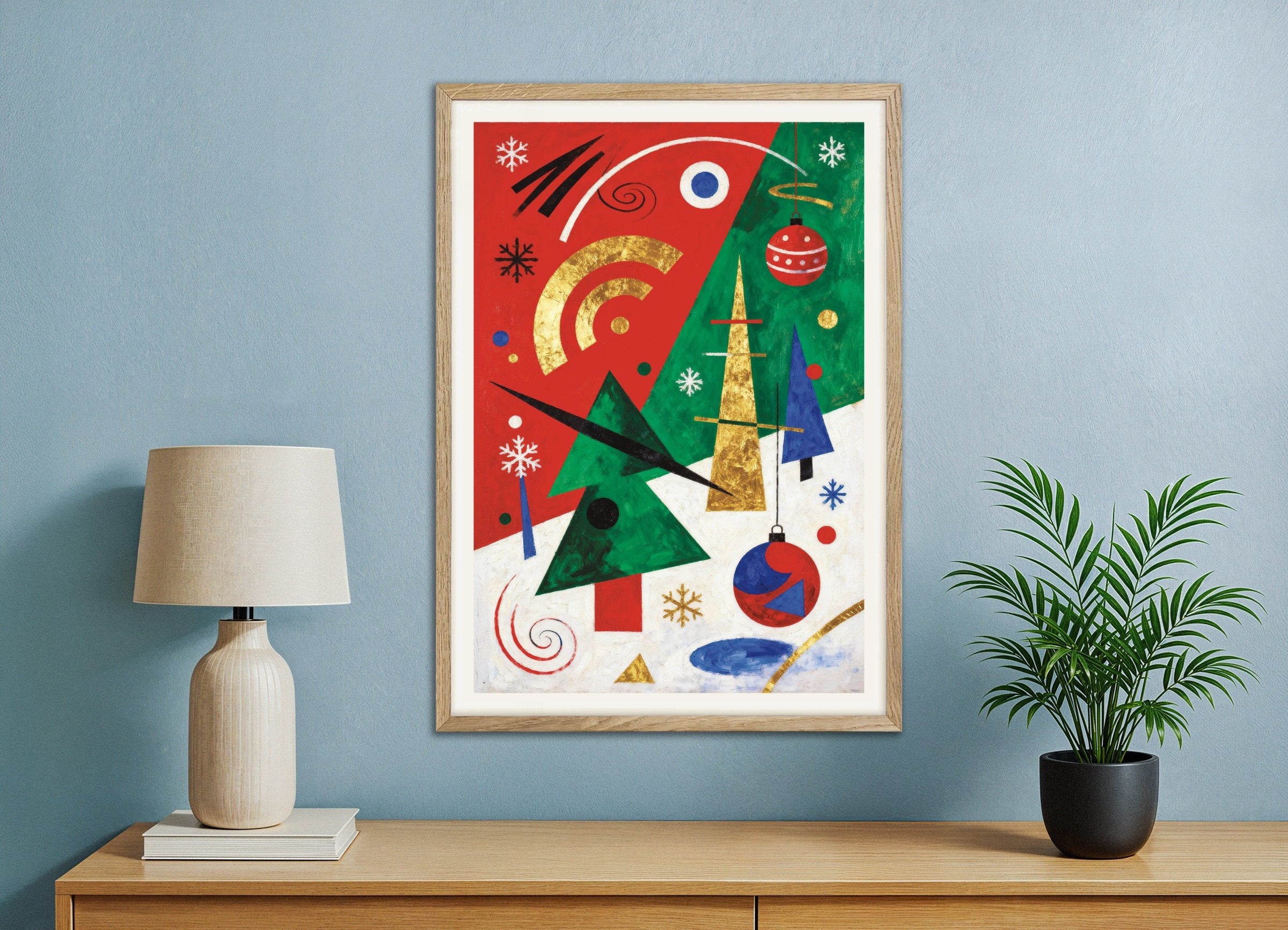 Poster of Abstract Christmas art print, with natural wooden frame