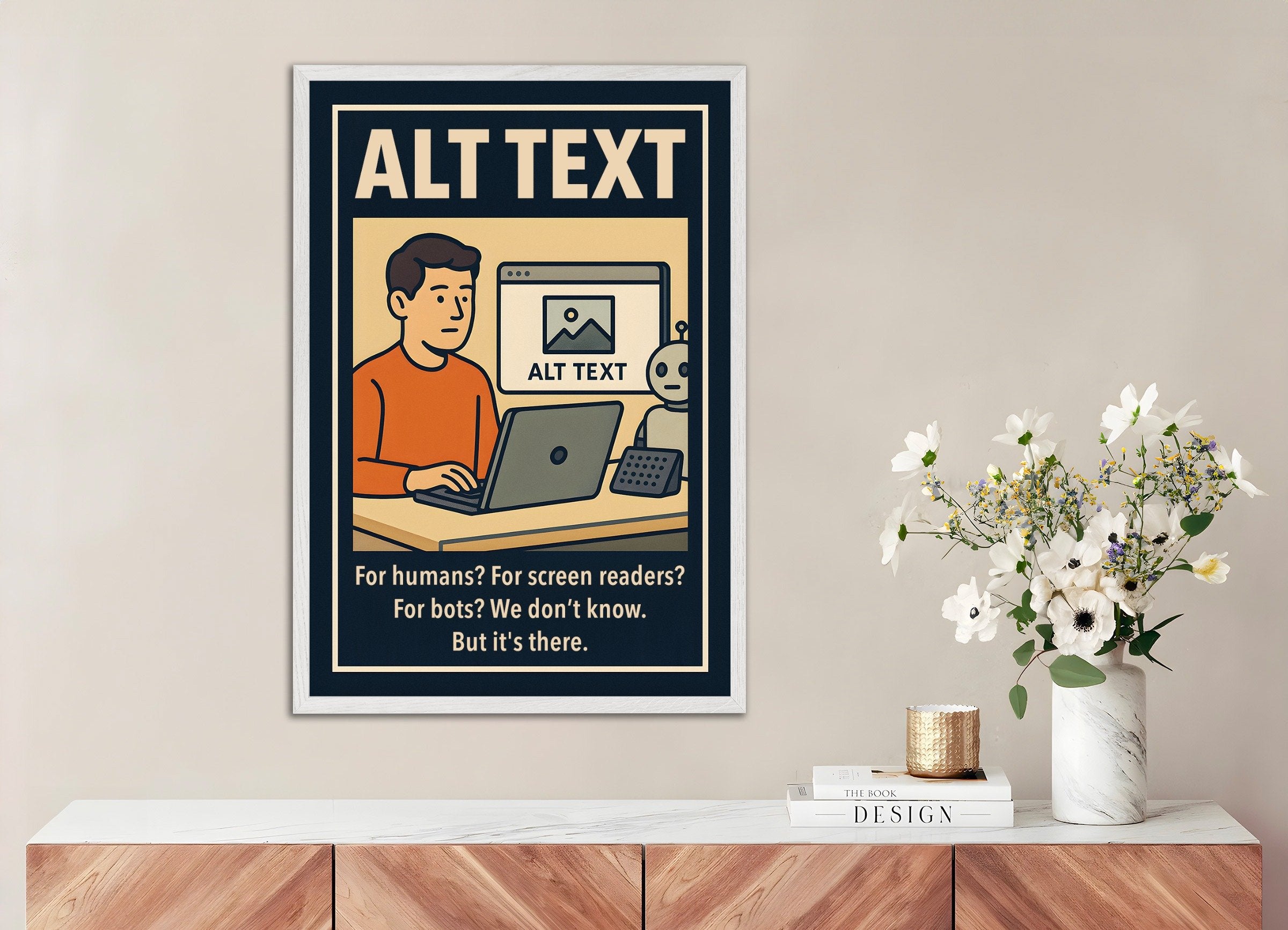 Poster of ALT text - Demotivational Poster, with white wooden frame
