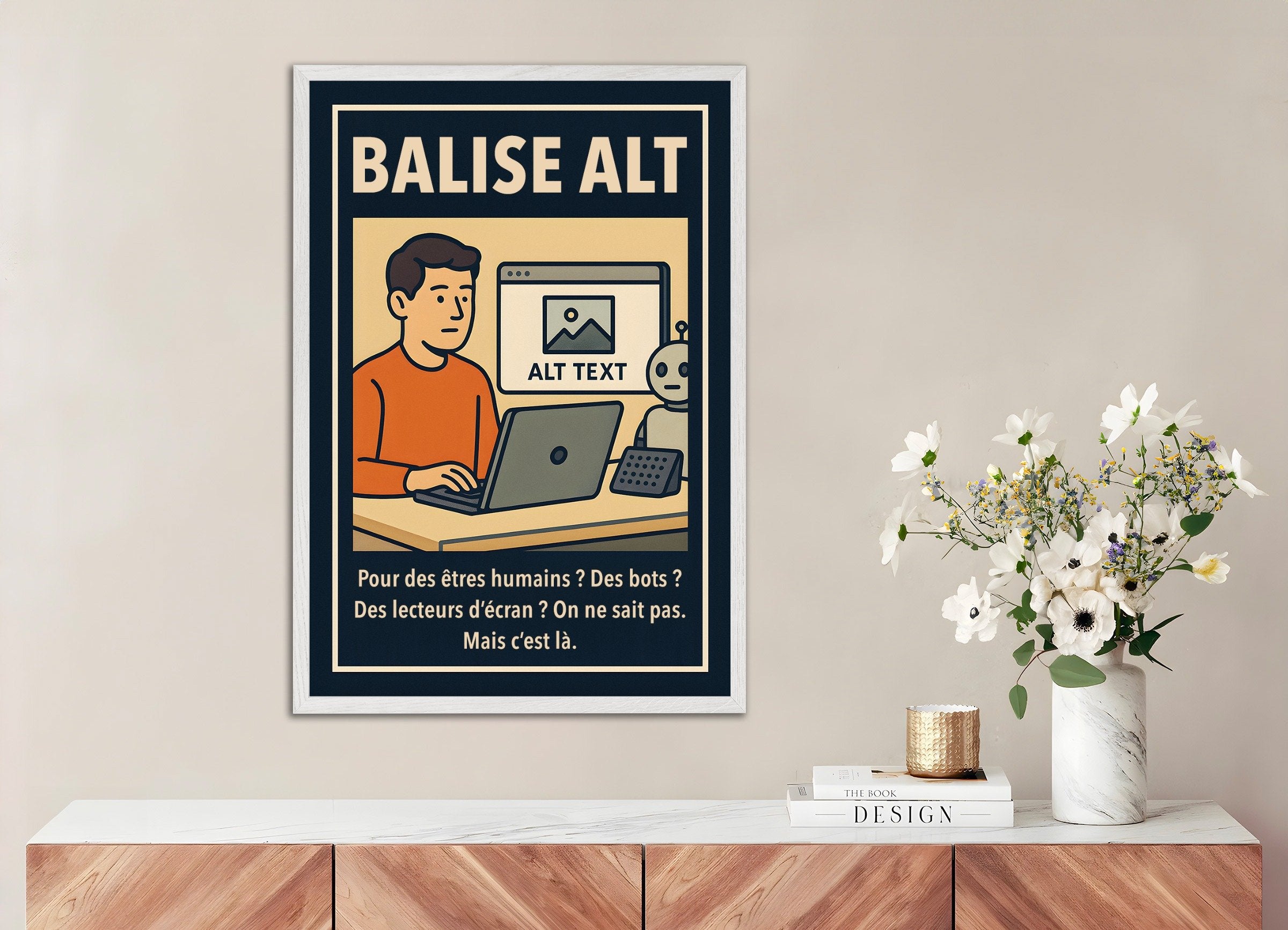 Poster of ALT text - Demotivational Poster, with white wooden frame