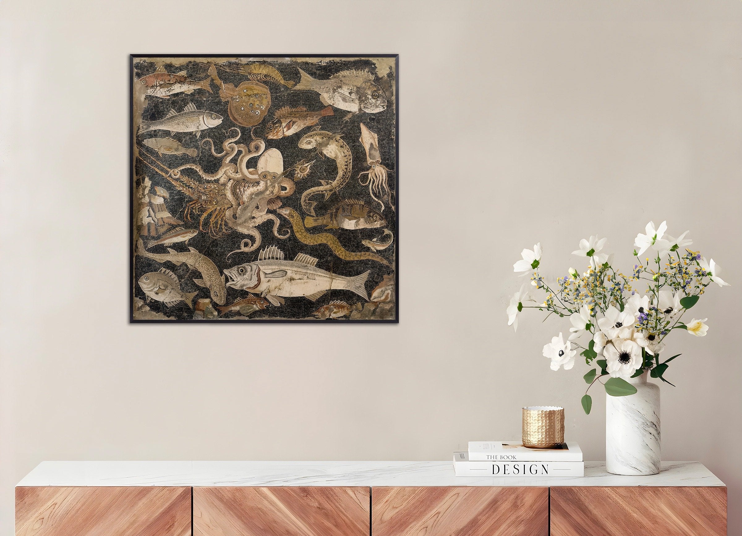 Poster of Ancient Pompeii Marine Life Mosaic - Roman Sea Creatures Art Print, with metal frame