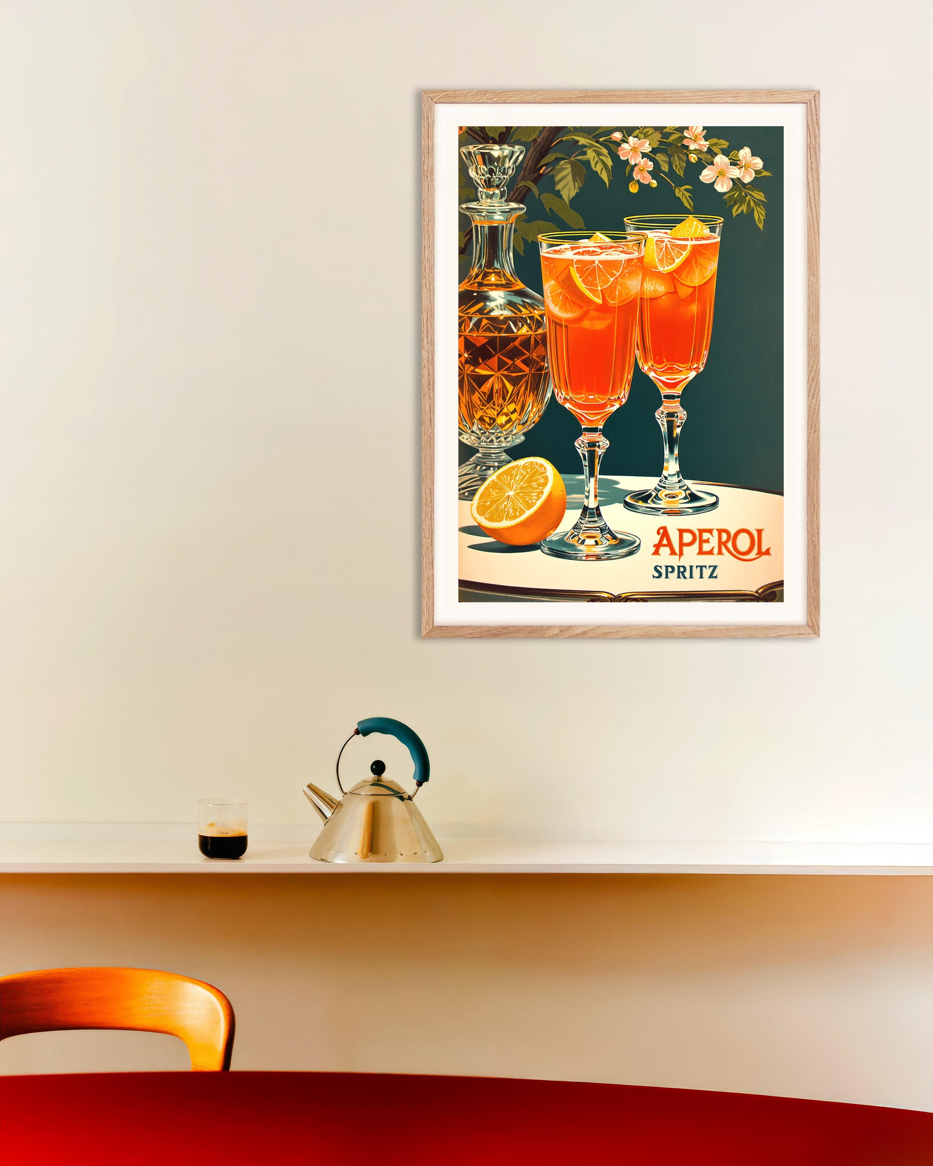Poster of Aperol Spritz, vintage poster, with natural wooden frame