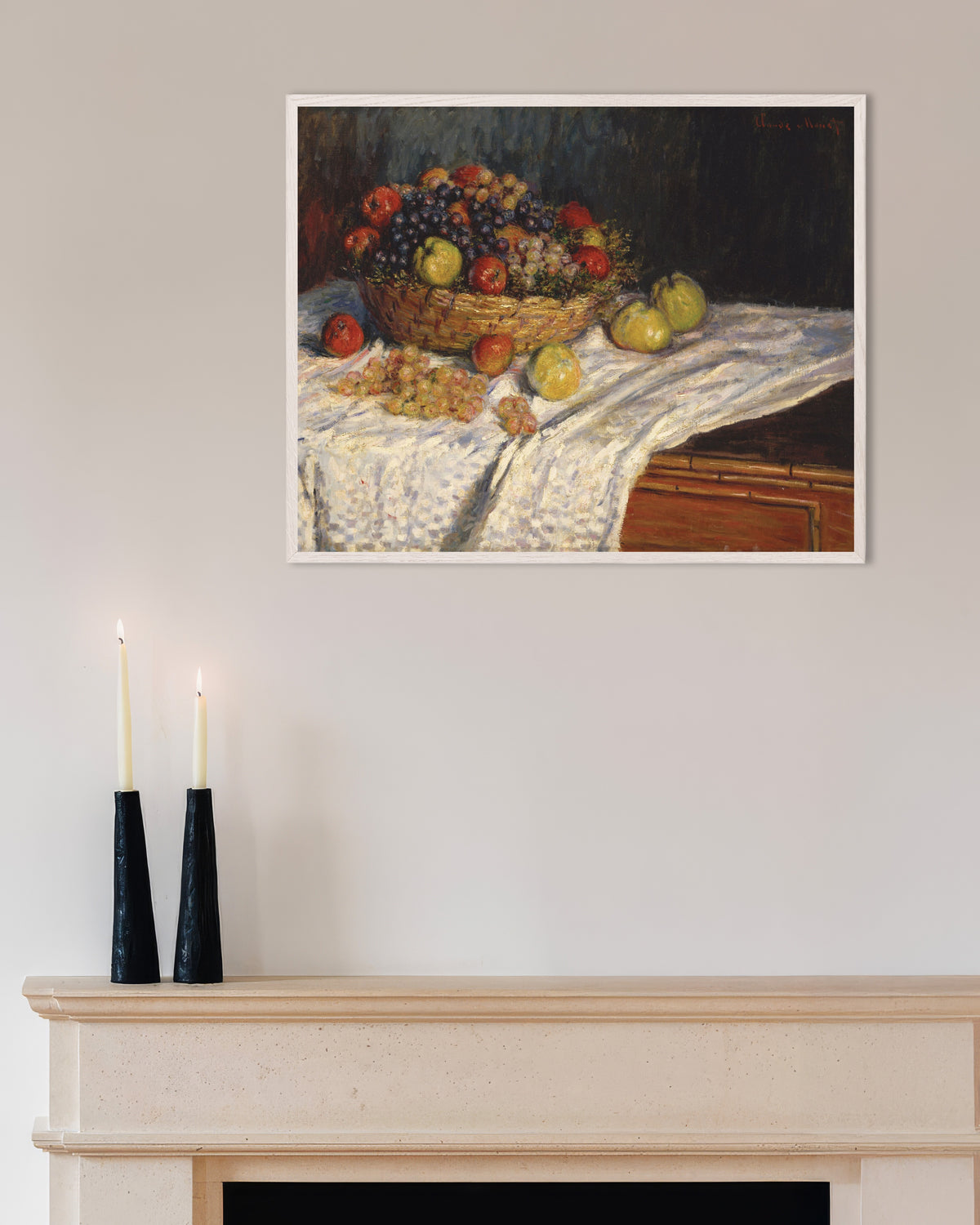 Poster Appels en druiven (1879–1880) van Claude Monet met witte houten lijst