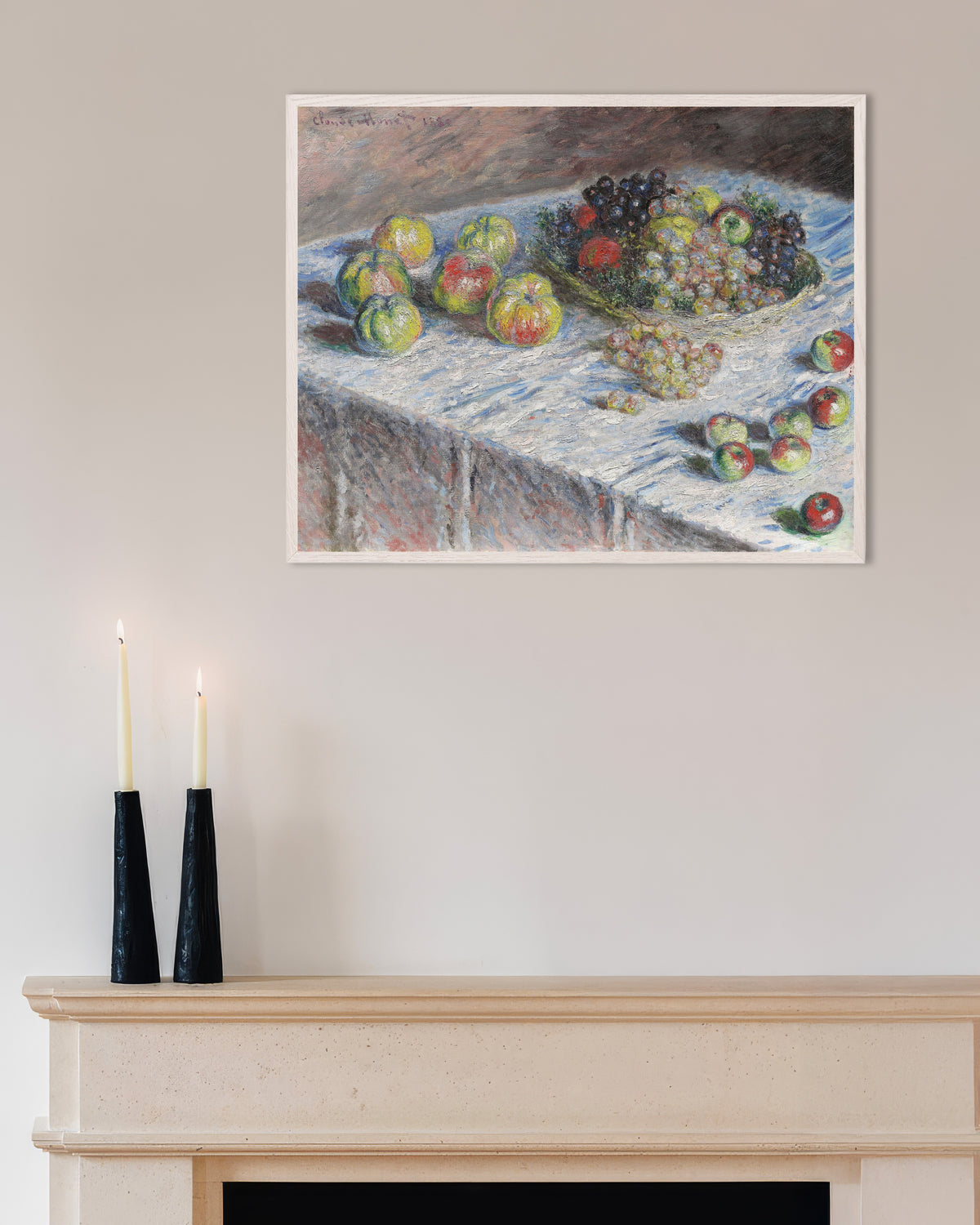 Poster Appels en druiven (1880) van Claude Monet met witte houten lijst