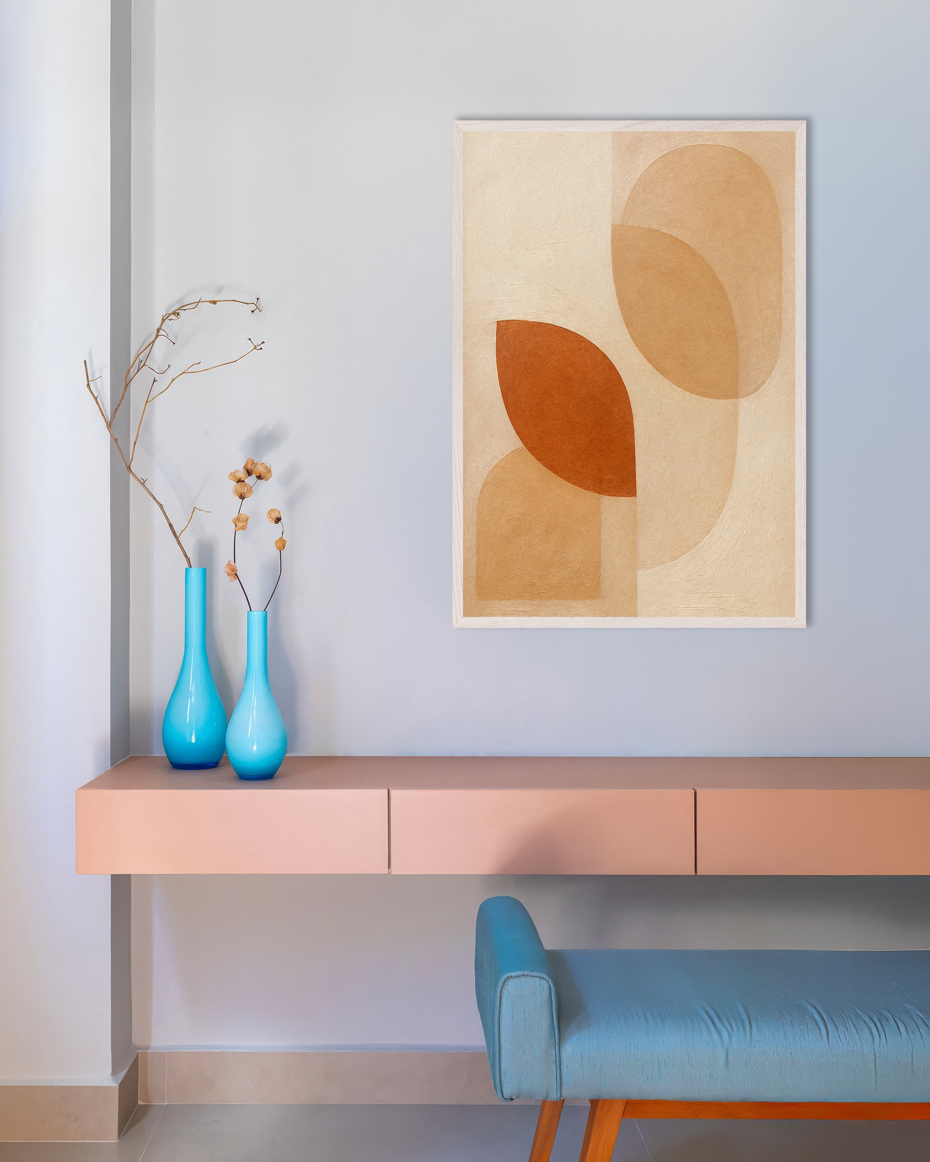 Poster of Autumn Foliage – abstract earth-toned leaf shapes Poster, with white wooden frame