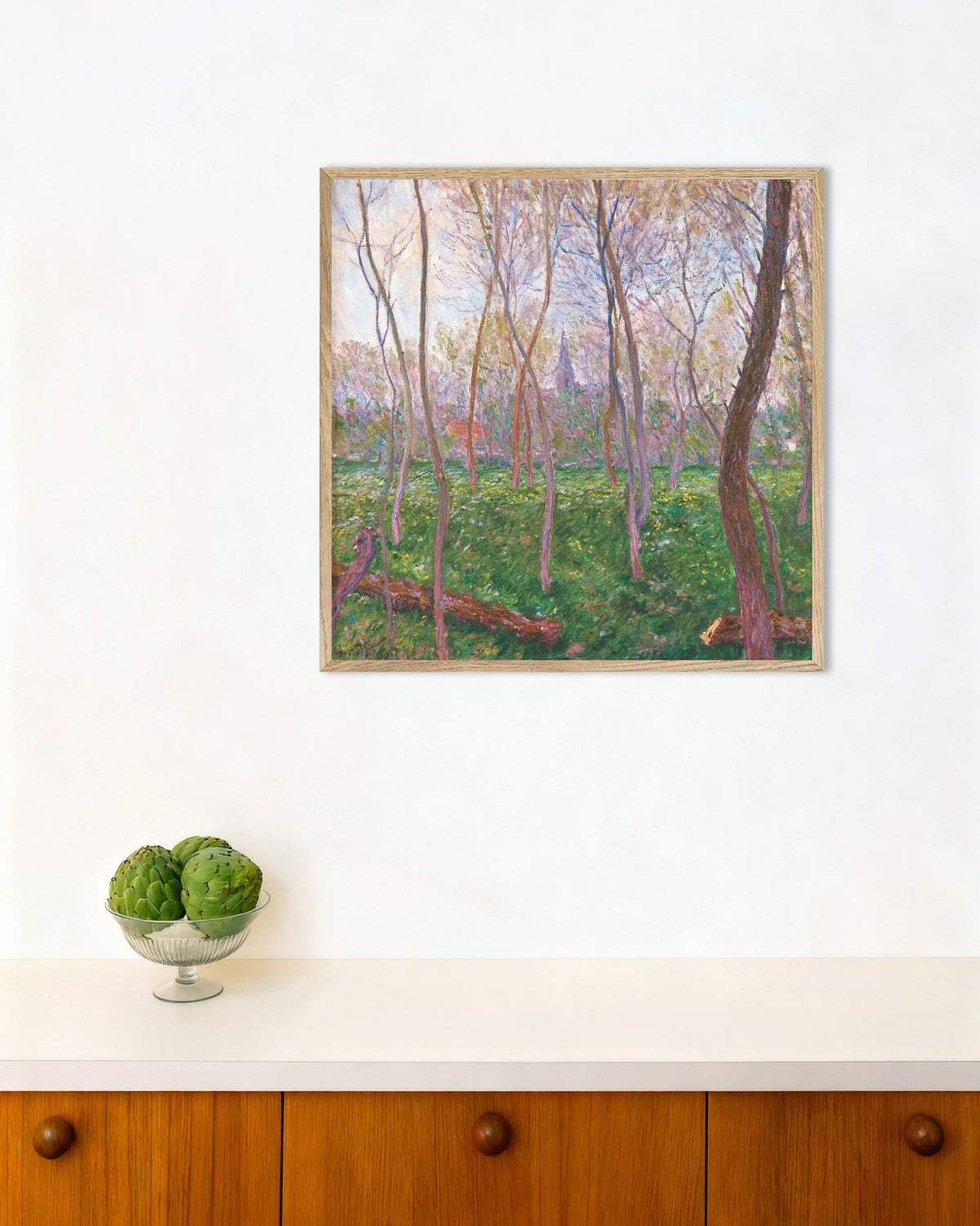 Poster Bennecourt (1887) van Claude Monet met naturel houten lijst