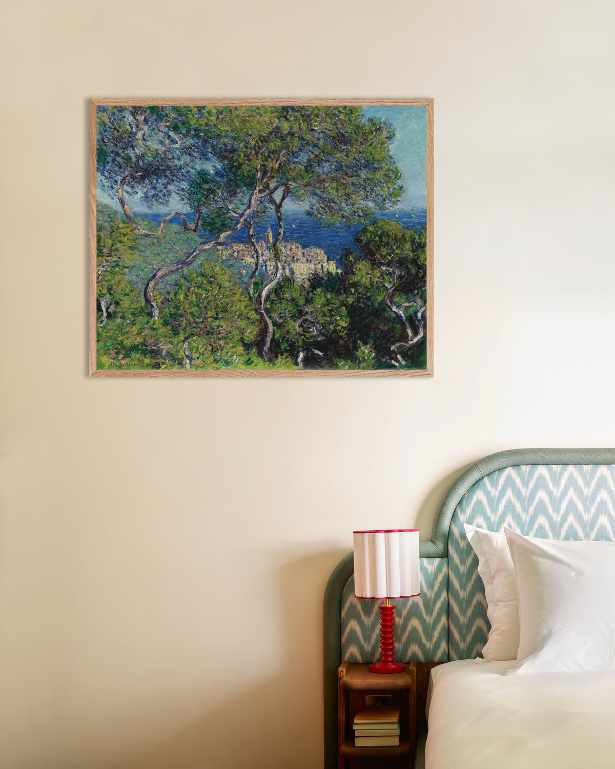 Poster Bordighera (1884) van Claude Monet met naturel houten lijst