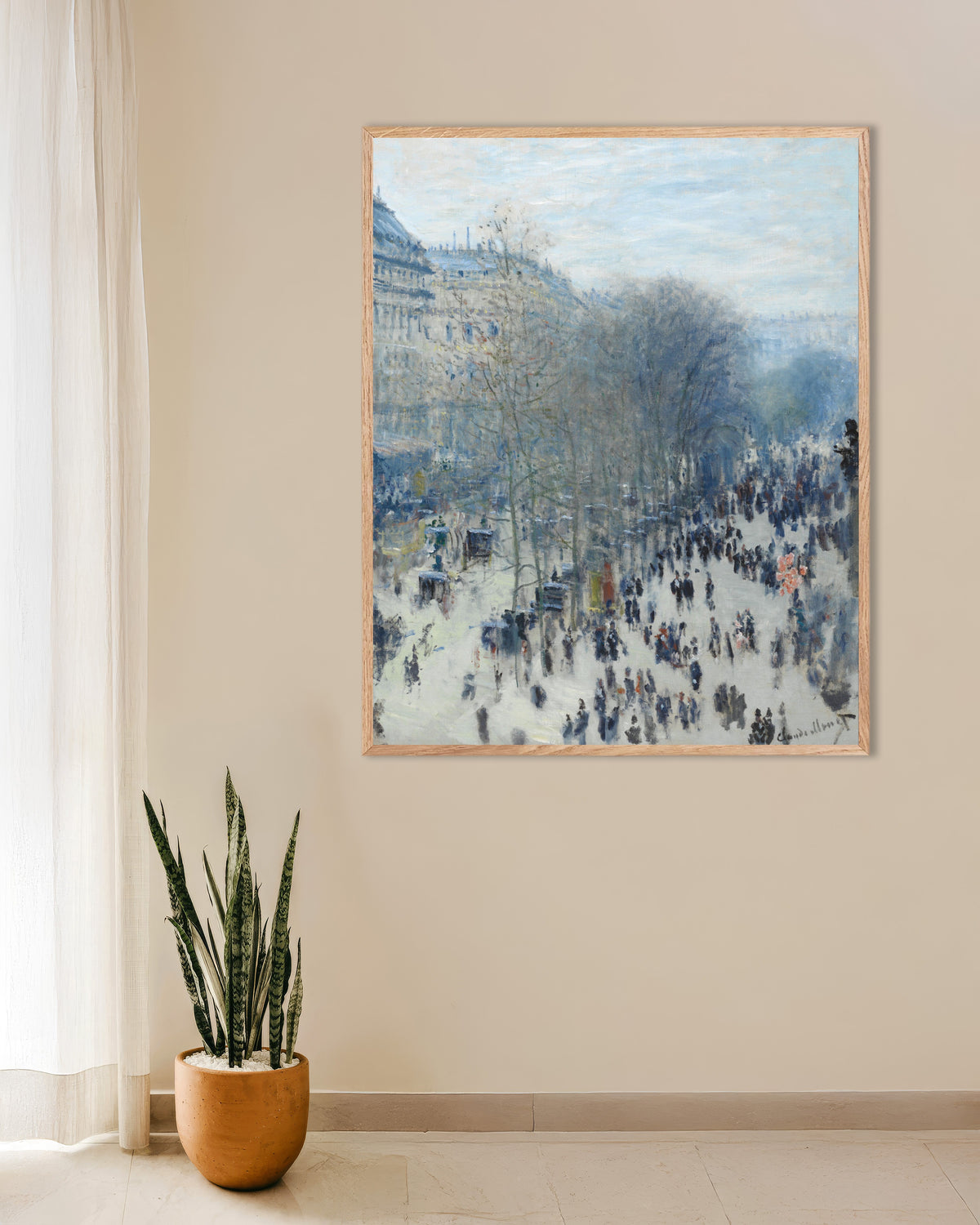 Poster Boulevard des Capucines (1873–1874) van Claude Monet met naturel houten lijst