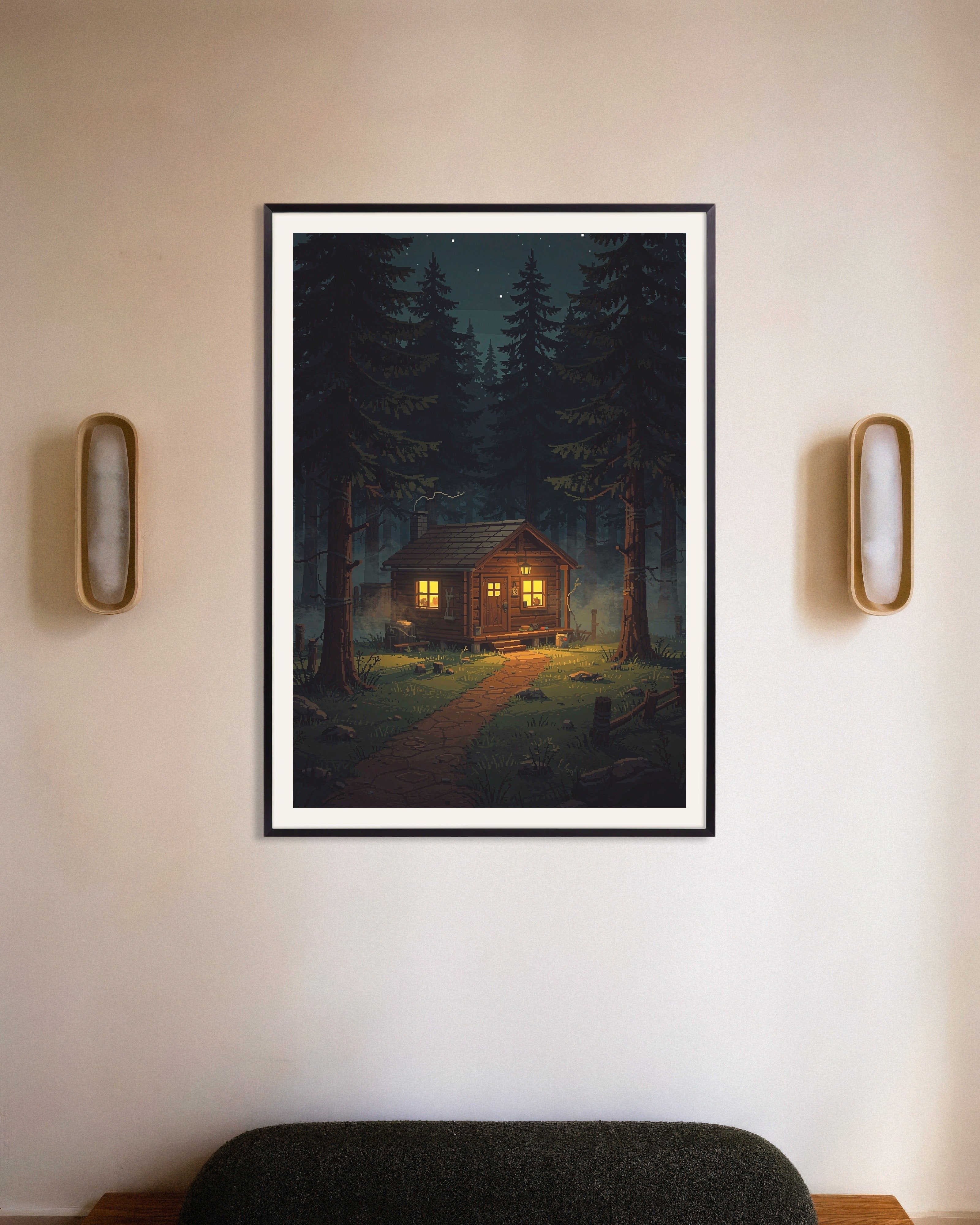 Poster of Cabin Glow in the Forest - Pixel Art Poster, with metal frame