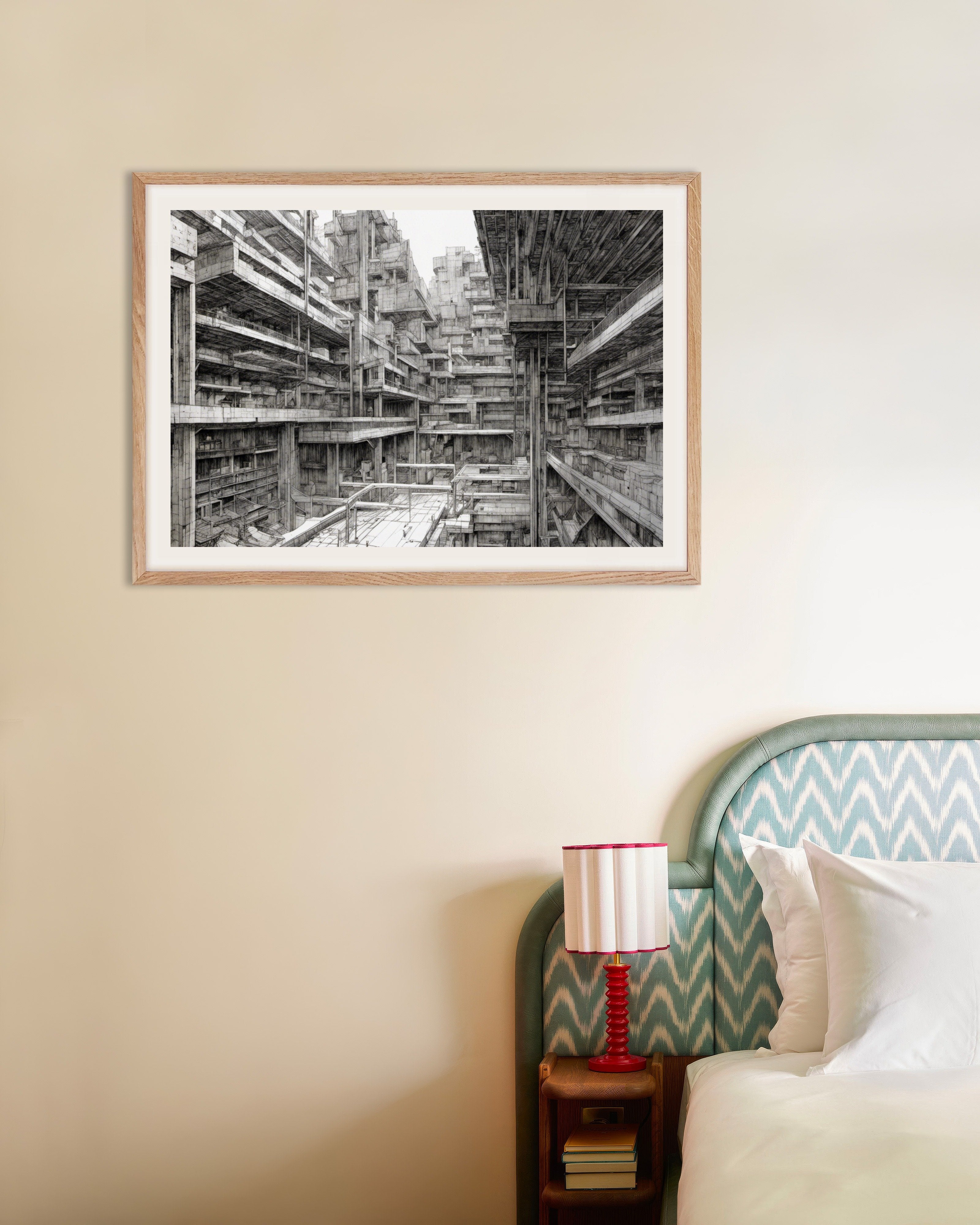 Poster of Contemporary black cyberpunk manga, buildings - Poster, with natural wooden frame