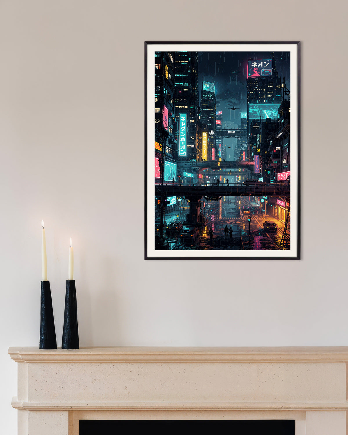 Poster « Ville japonaise cyberpunk en pixel art », avec cadre métallique
