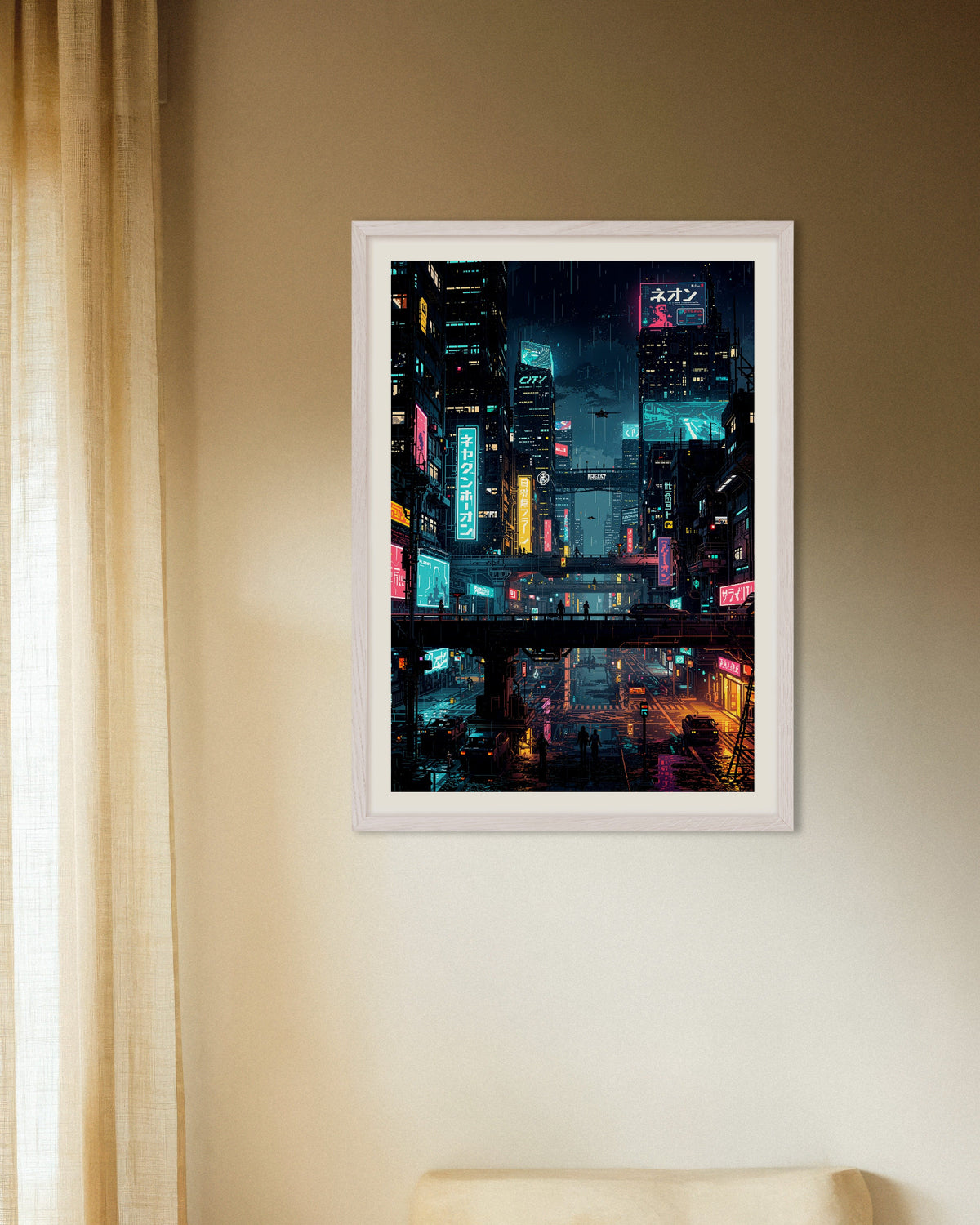 Poster « Ville japonaise cyberpunk en pixel art », avec cadre en bois blanc