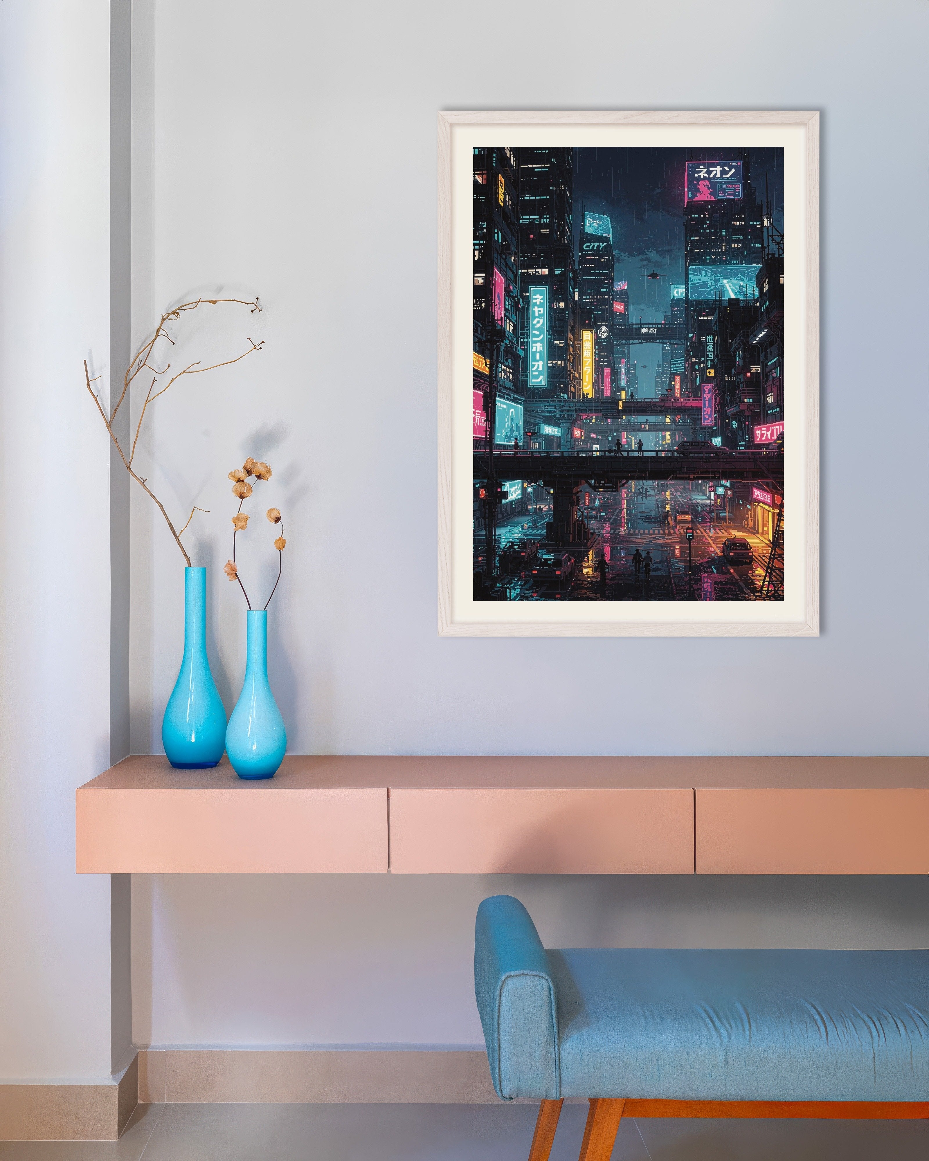Poster of Cyberpunk Japanese City Pixel Art, with white wooden frame
