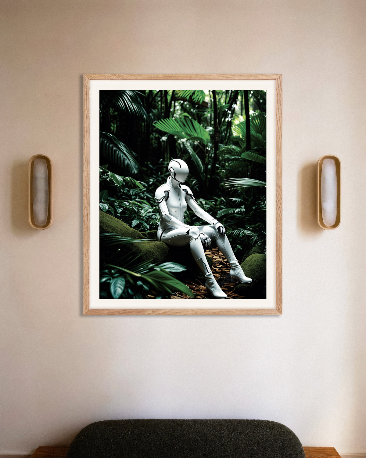 Poster van Cyborg in de diepe jungle, met een lijst van naturel hout