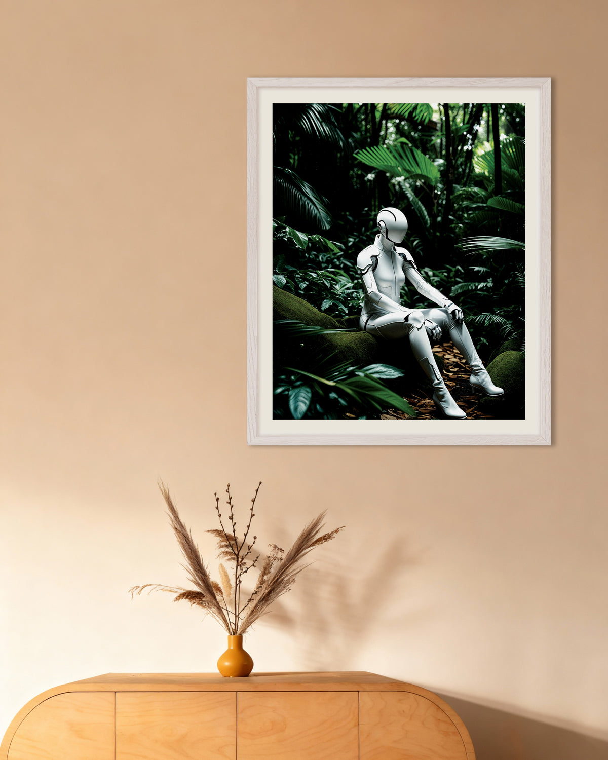 Poster van Cyborg in de diepe jungle, met witte houten lijst
