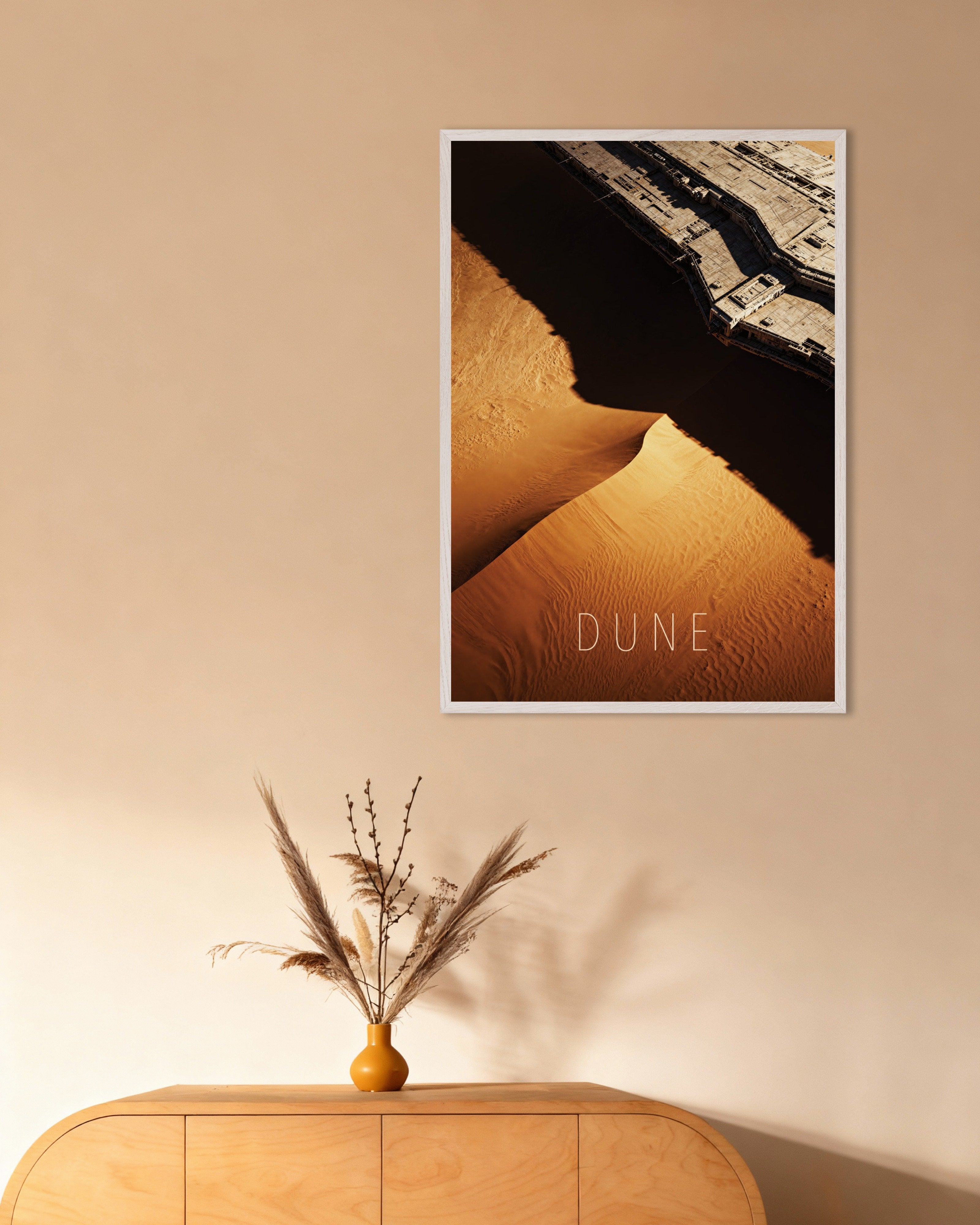 Poster of Desert Ship Poster, Sci-Fi Sand Art Print, with white wooden frame