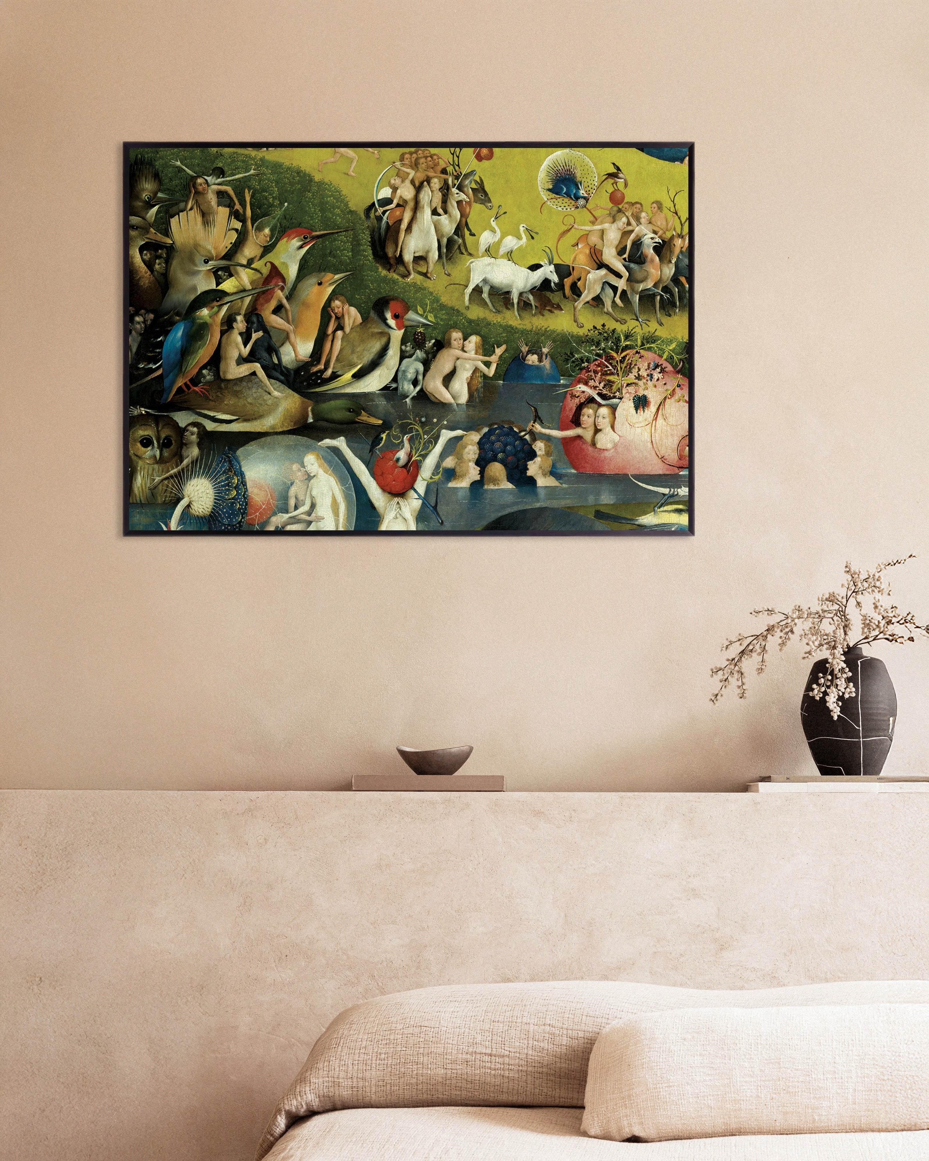 Poster of Detail from The Garden of Earthly Delights: giant birds and forest riders, with metal frame