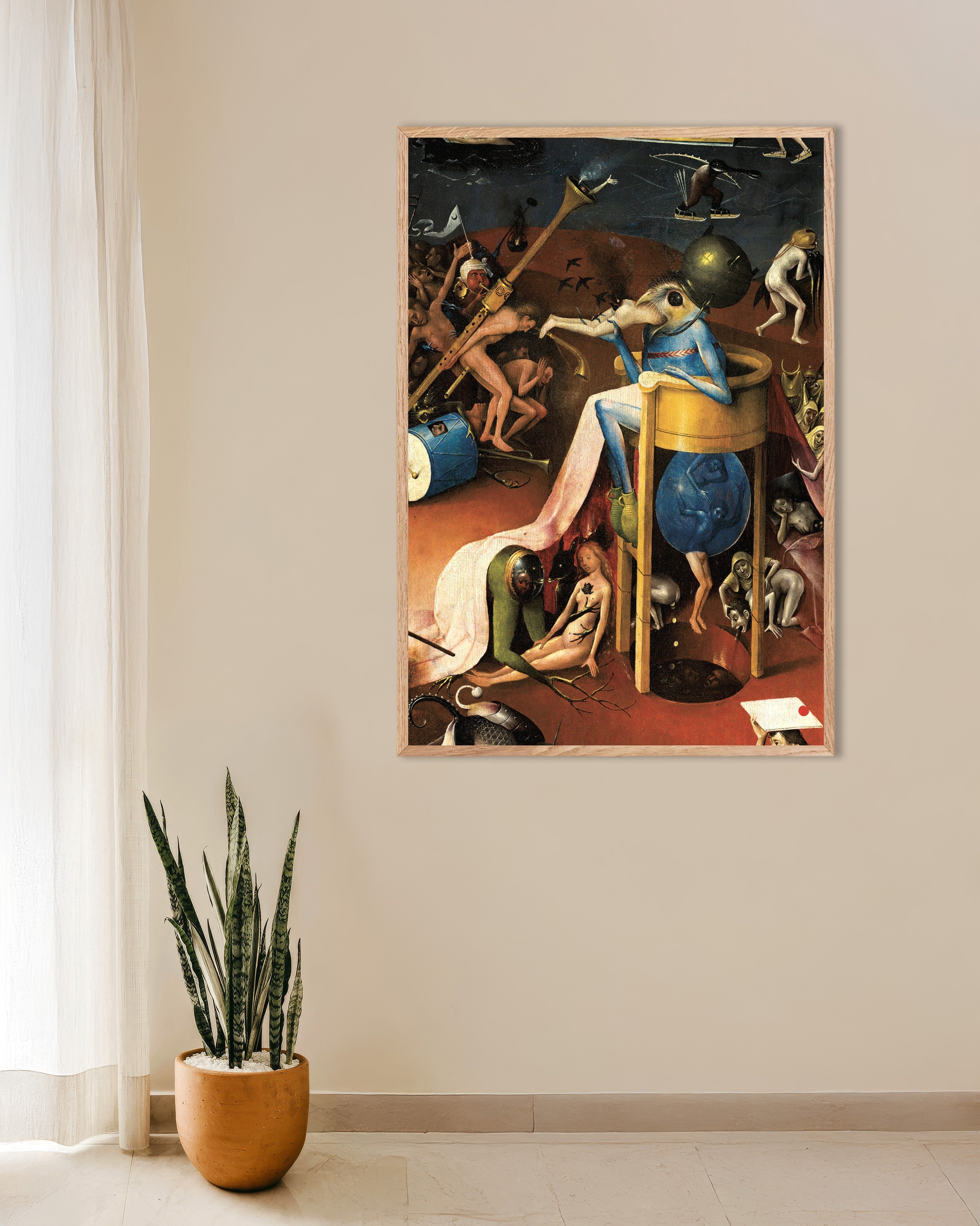 Poster of Detail from The Garden of Earthly Delights: the bird-headed king of hell, with natural wooden frame