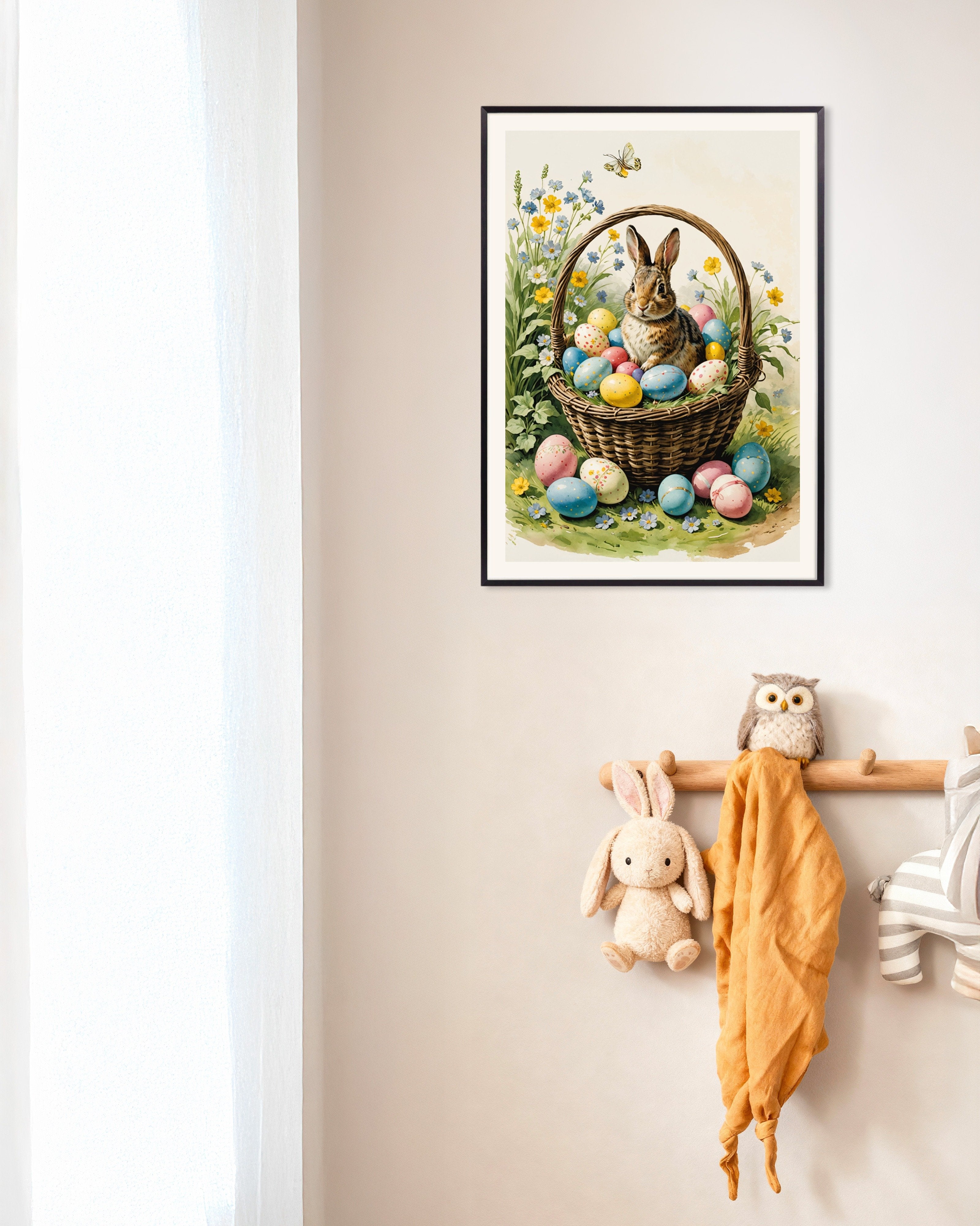 Poster of Easter eggs and rabbit in a basket, with metal frame