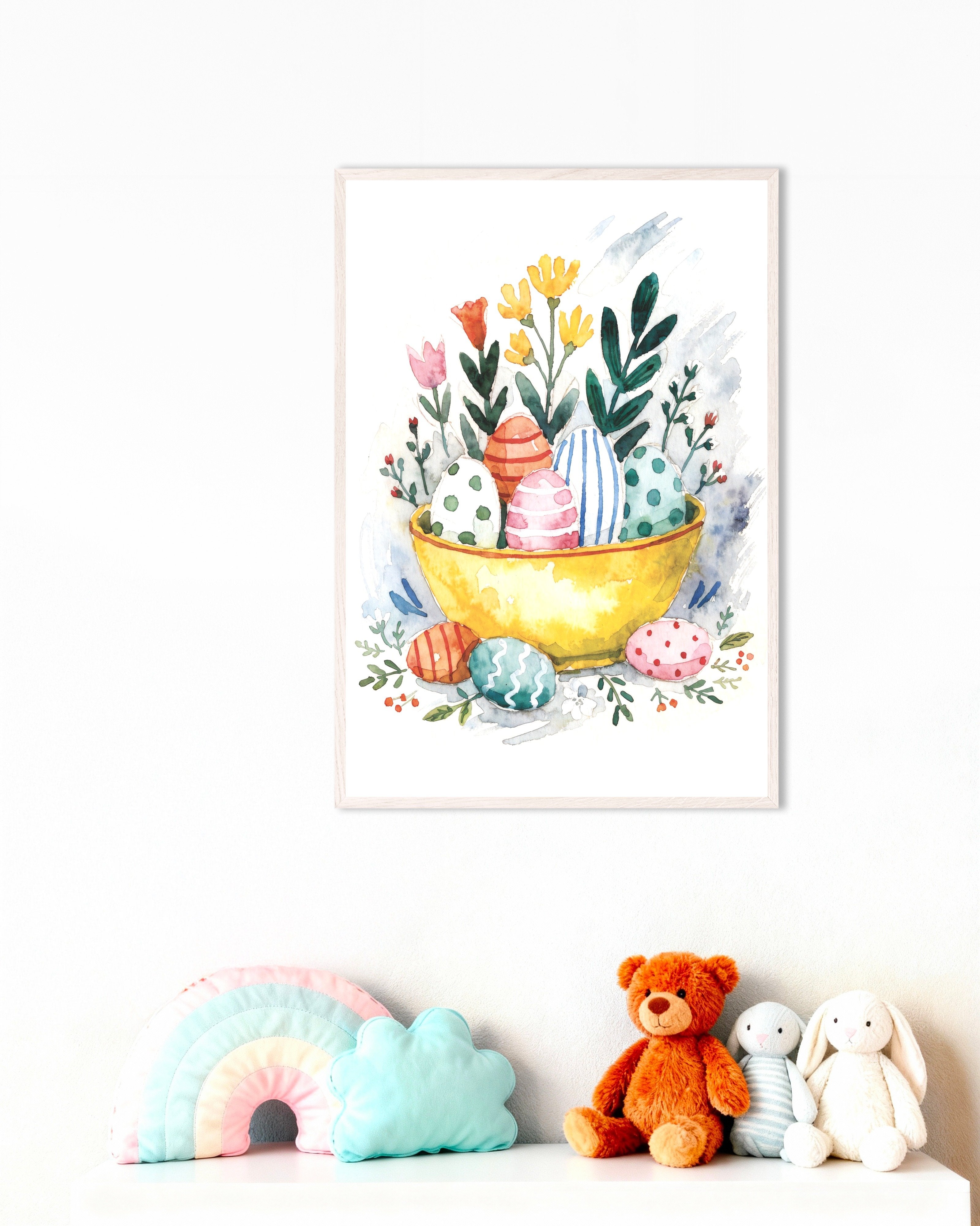 Poster of Easter Eggs in Yellow Bowl Watercolor Poster, with white wooden frame