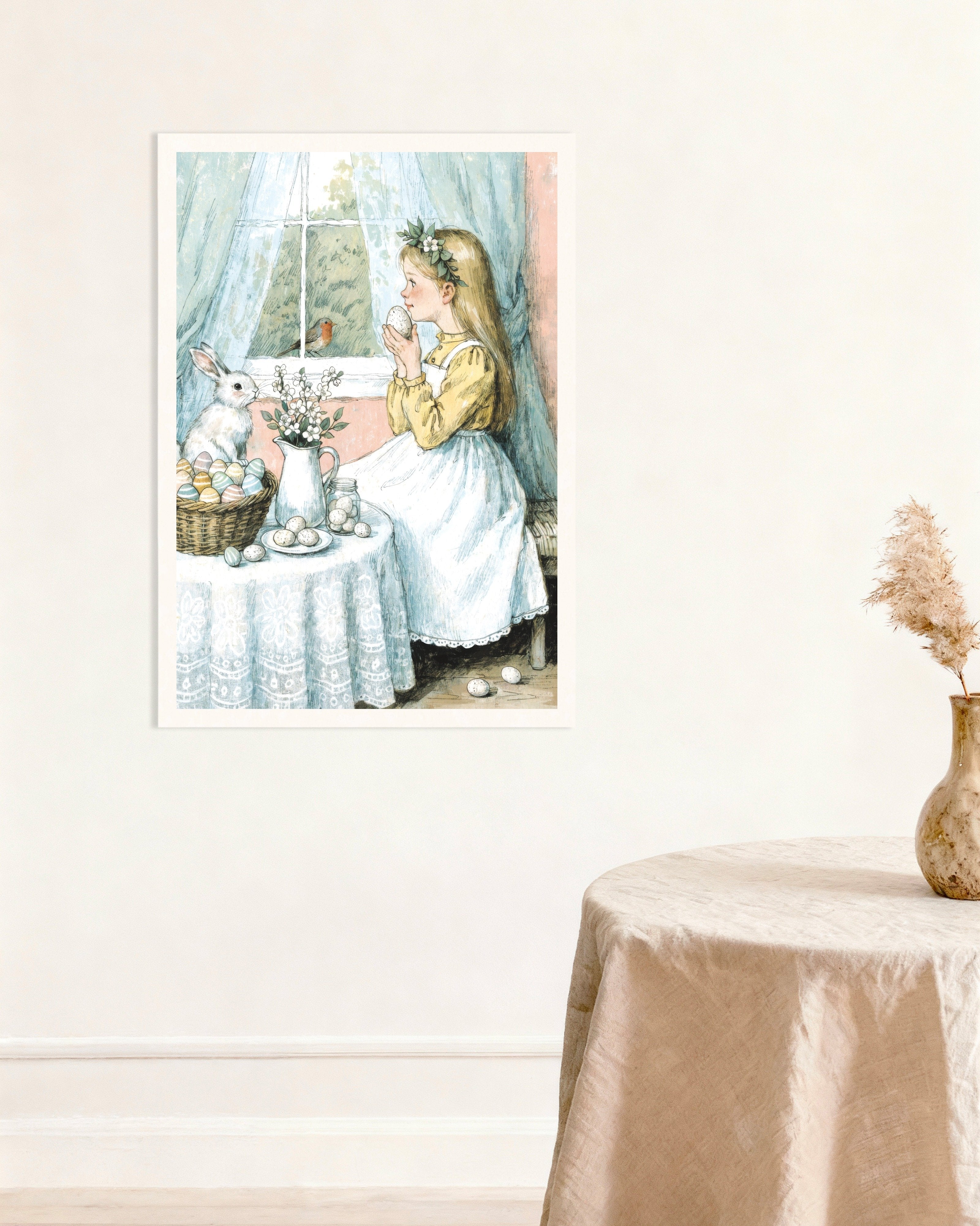 Poster of Easter Morning by the Window: Girl, Bunny and Robin Poster