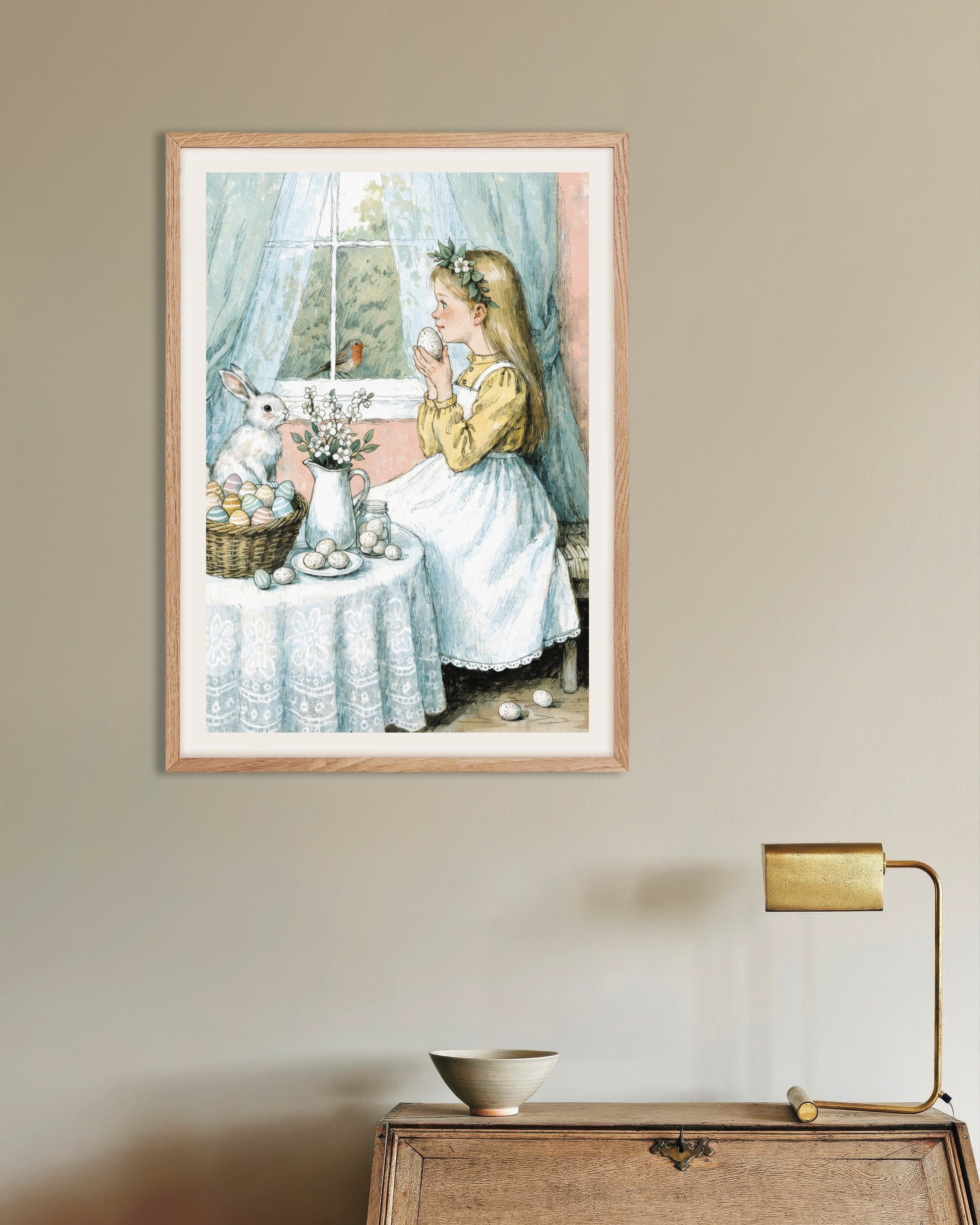 Poster of Easter Morning by the Window: Girl, Bunny and Robin Poster, with natural wooden frame