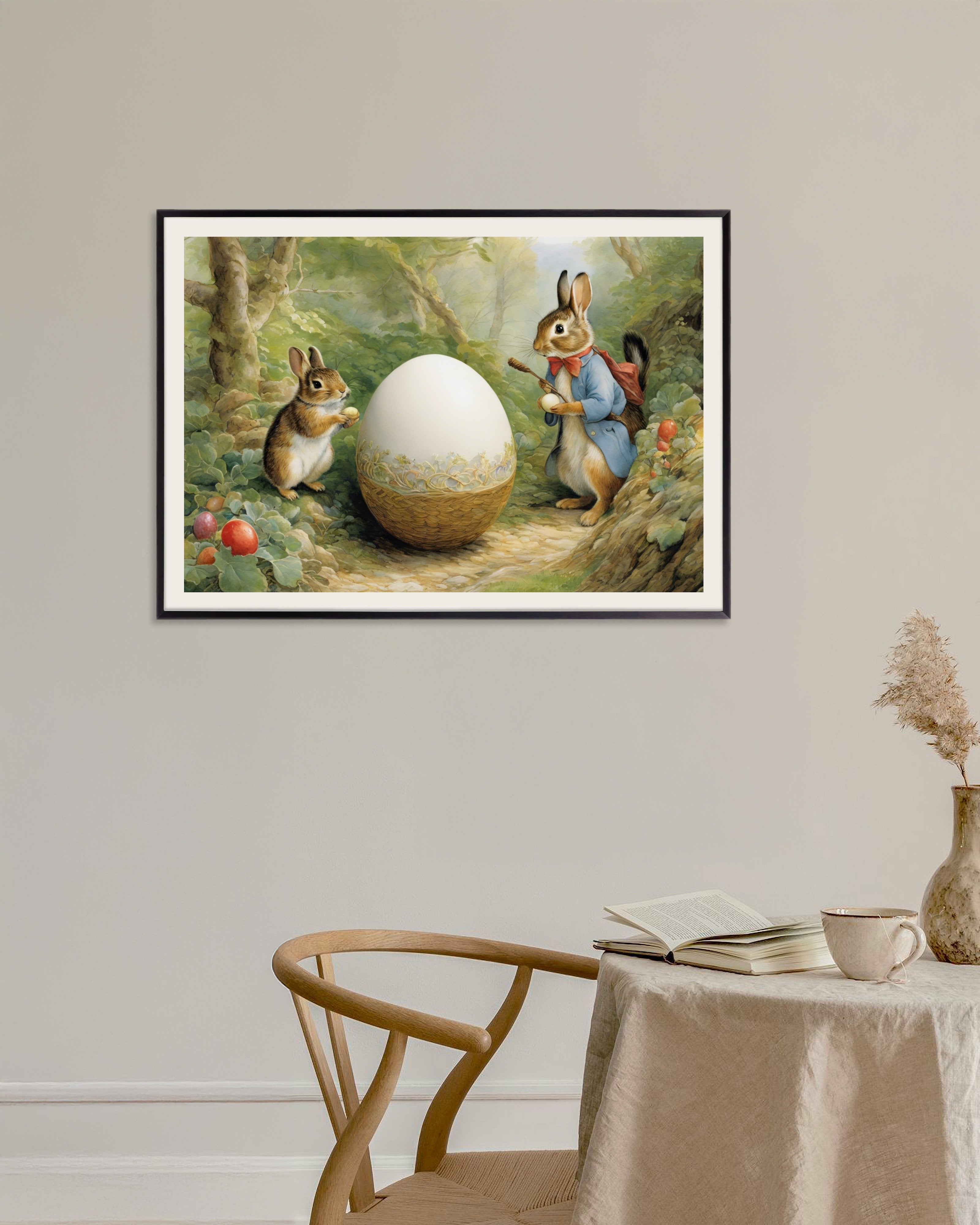 Poster of Easter poster, charming tales, delicate British watercolors, Rabbits and Egg, with metal frame
