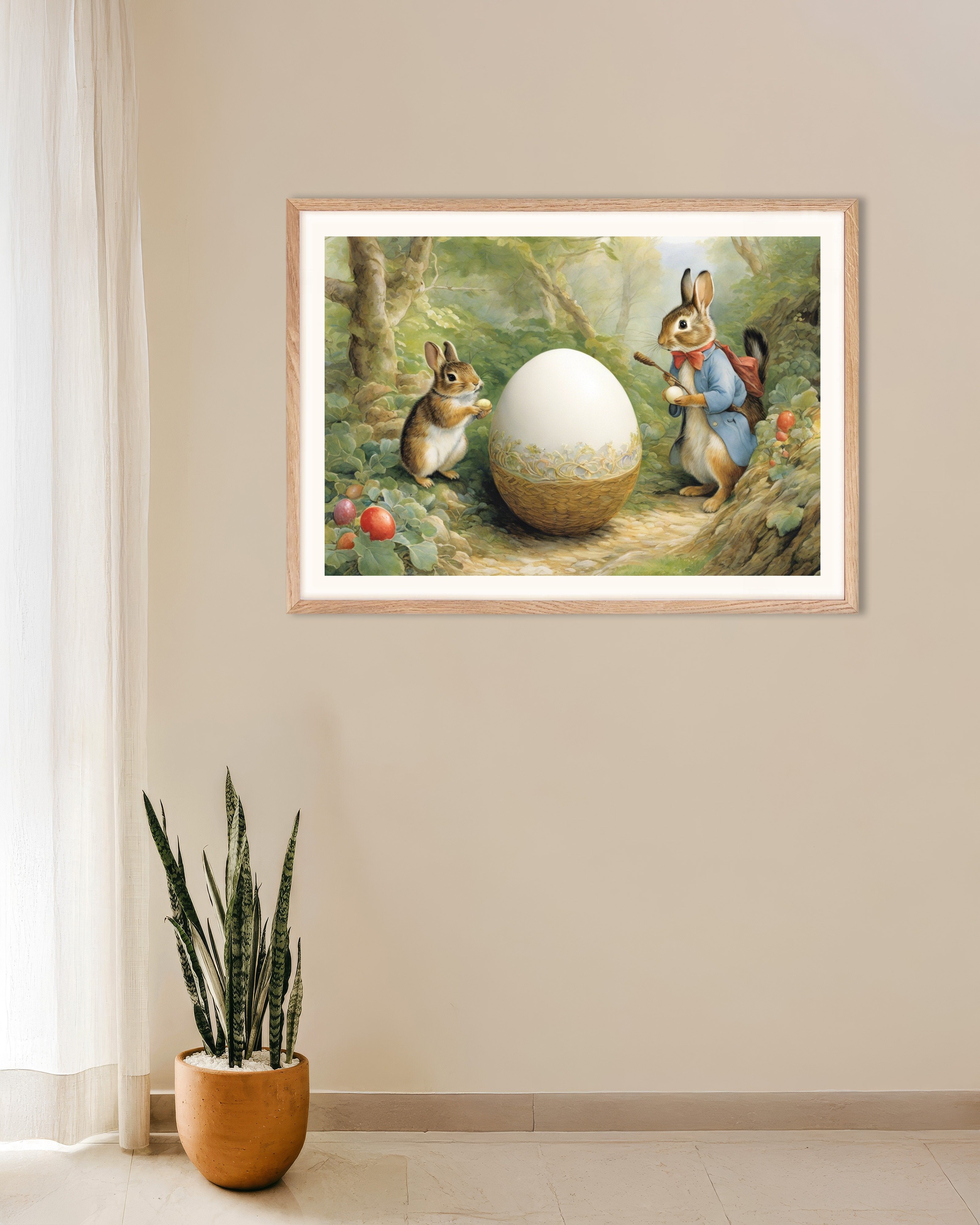 Poster of Easter poster, charming tales, delicate British watercolors, Rabbits and Egg, with natural wooden frame