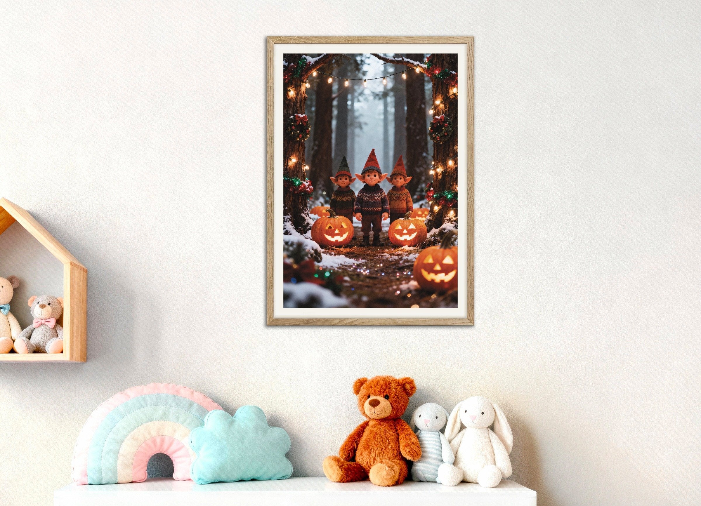 Poster of Elves and pumpkins in the snowy forest poster, with natural wooden frame