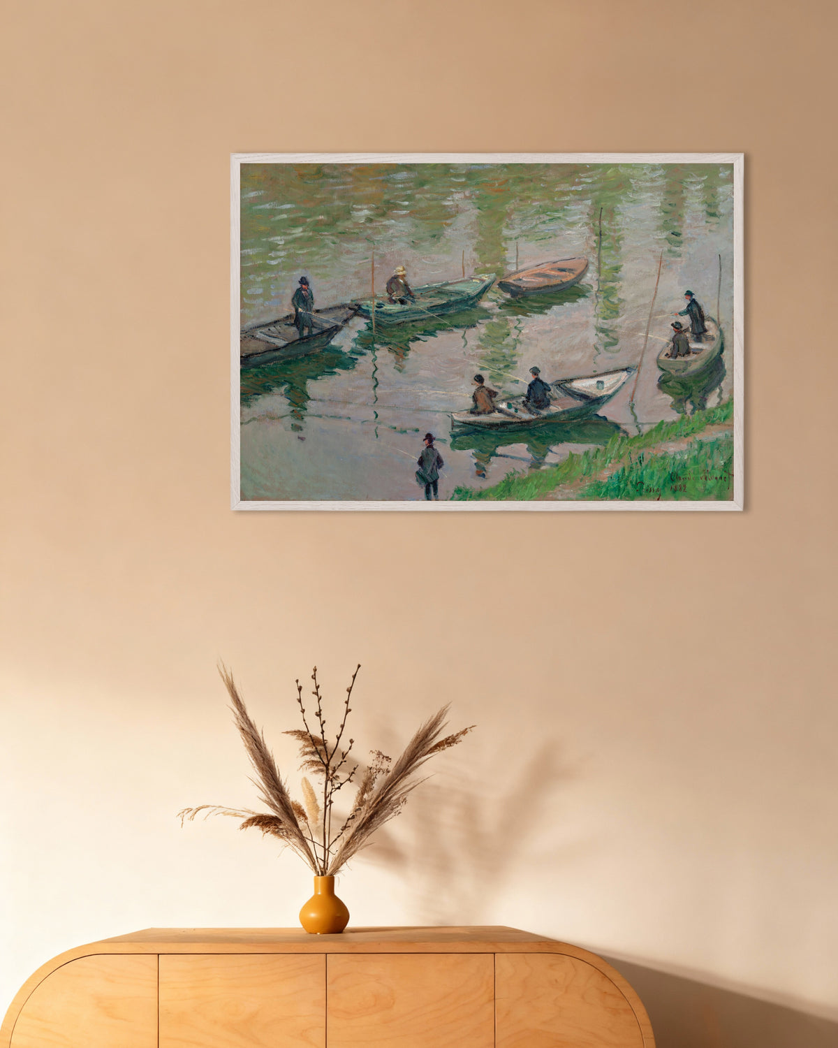 Affiche Pêcheurs sur la Seine à Poissy (1882) de Claude Monet, avec un cadre en bois blanc