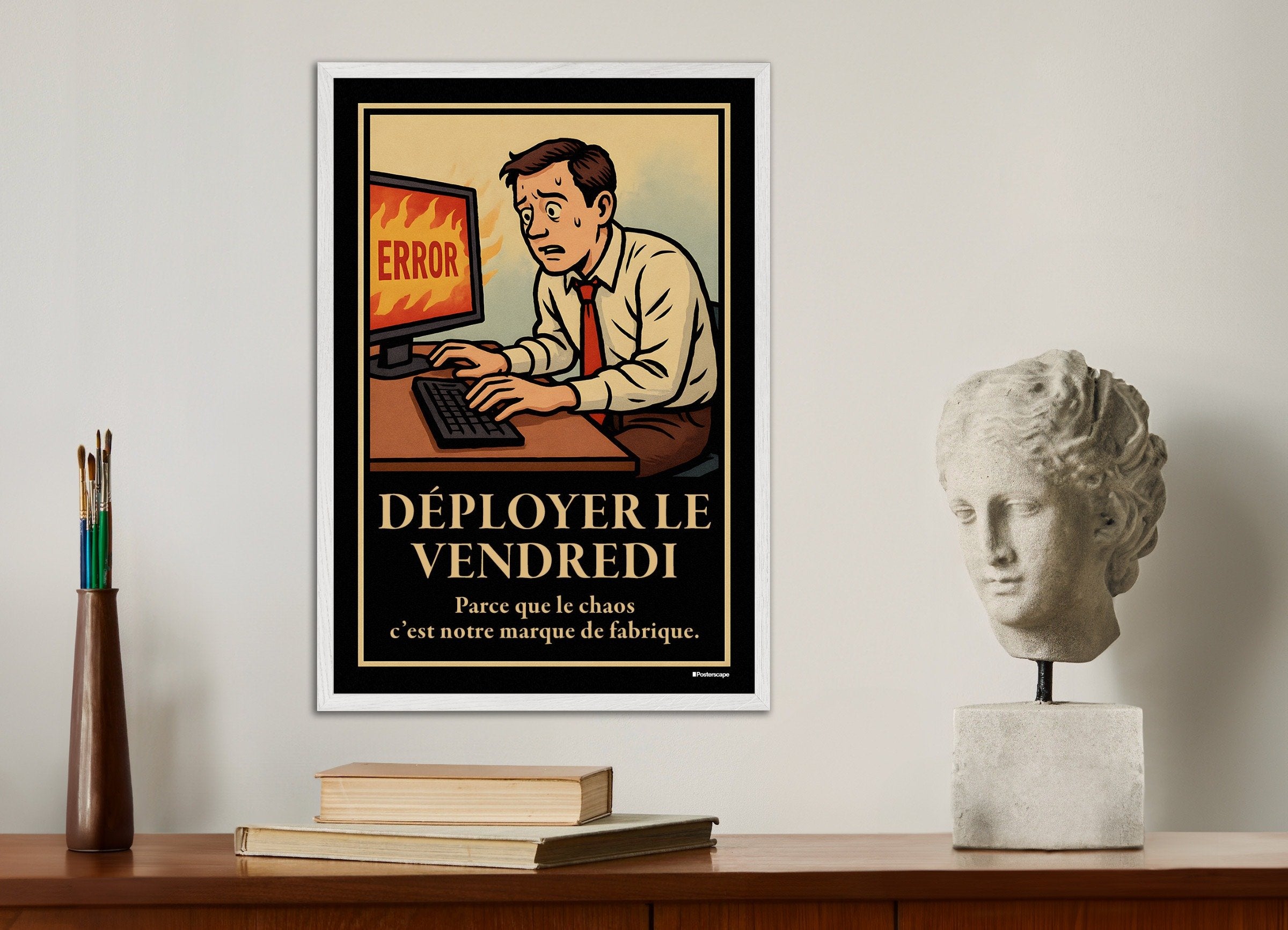 Poster of Friday Deploys - Demotivational Poster, with white wooden frame