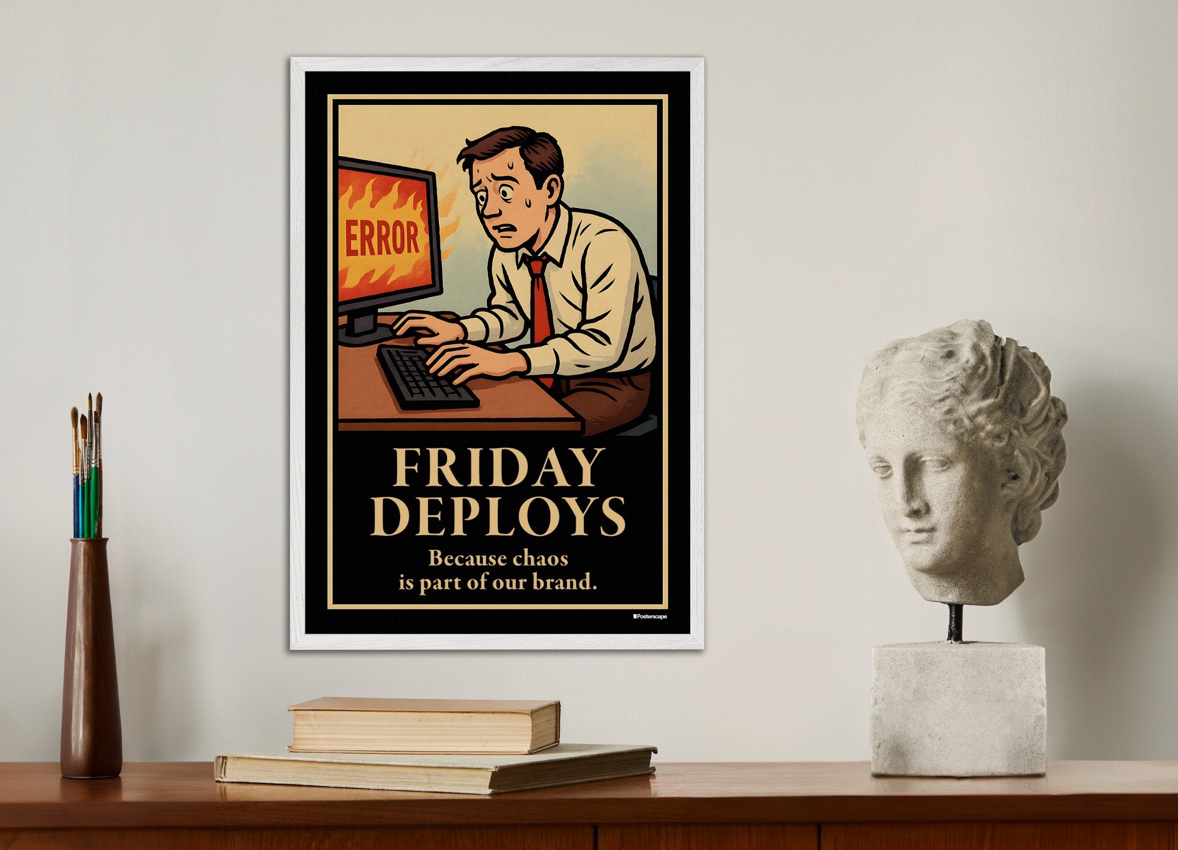 Poster of Friday Deploys - Demotivational Poster, with white wooden frame