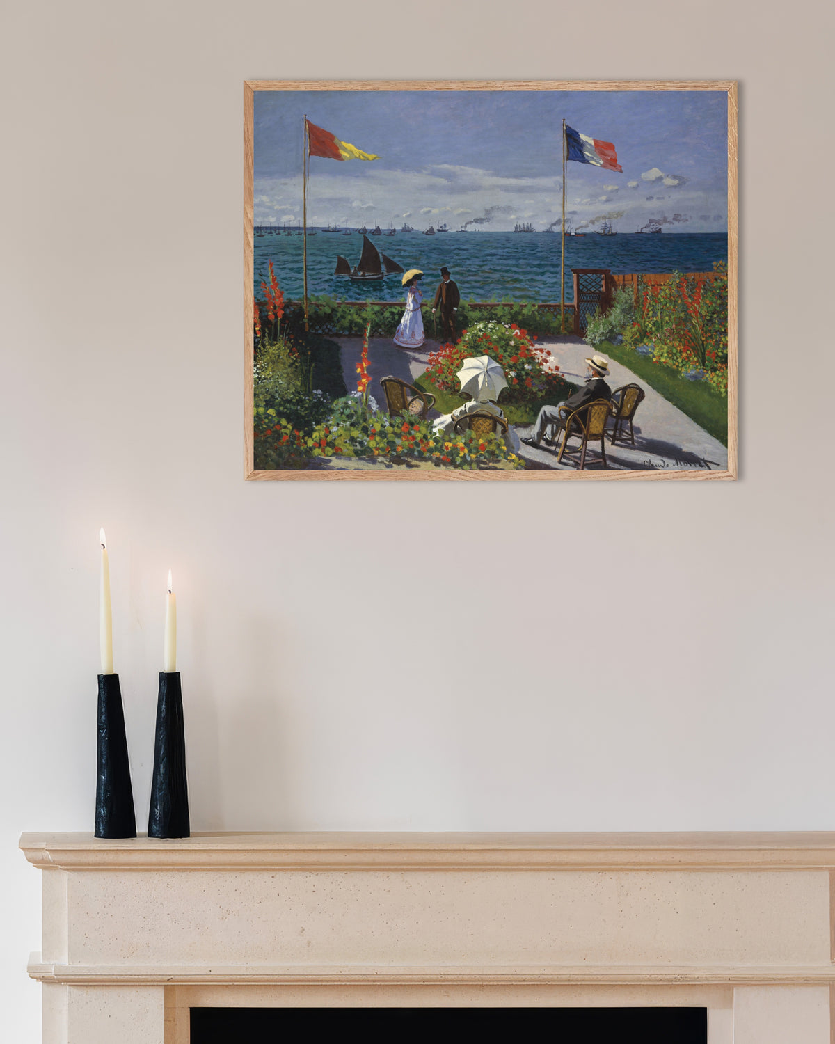 Affiche Jardin à Sainte-Adresse (1867) de Claude Monet, avec un cadre en bois naturel