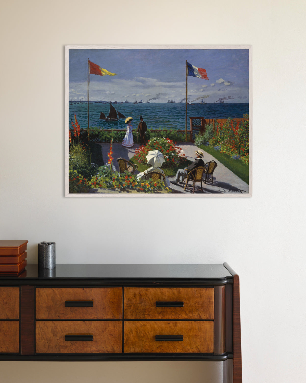 Affiche Jardin à Sainte-Adresse (1867) de Claude Monet, avec un cadre en bois blanc