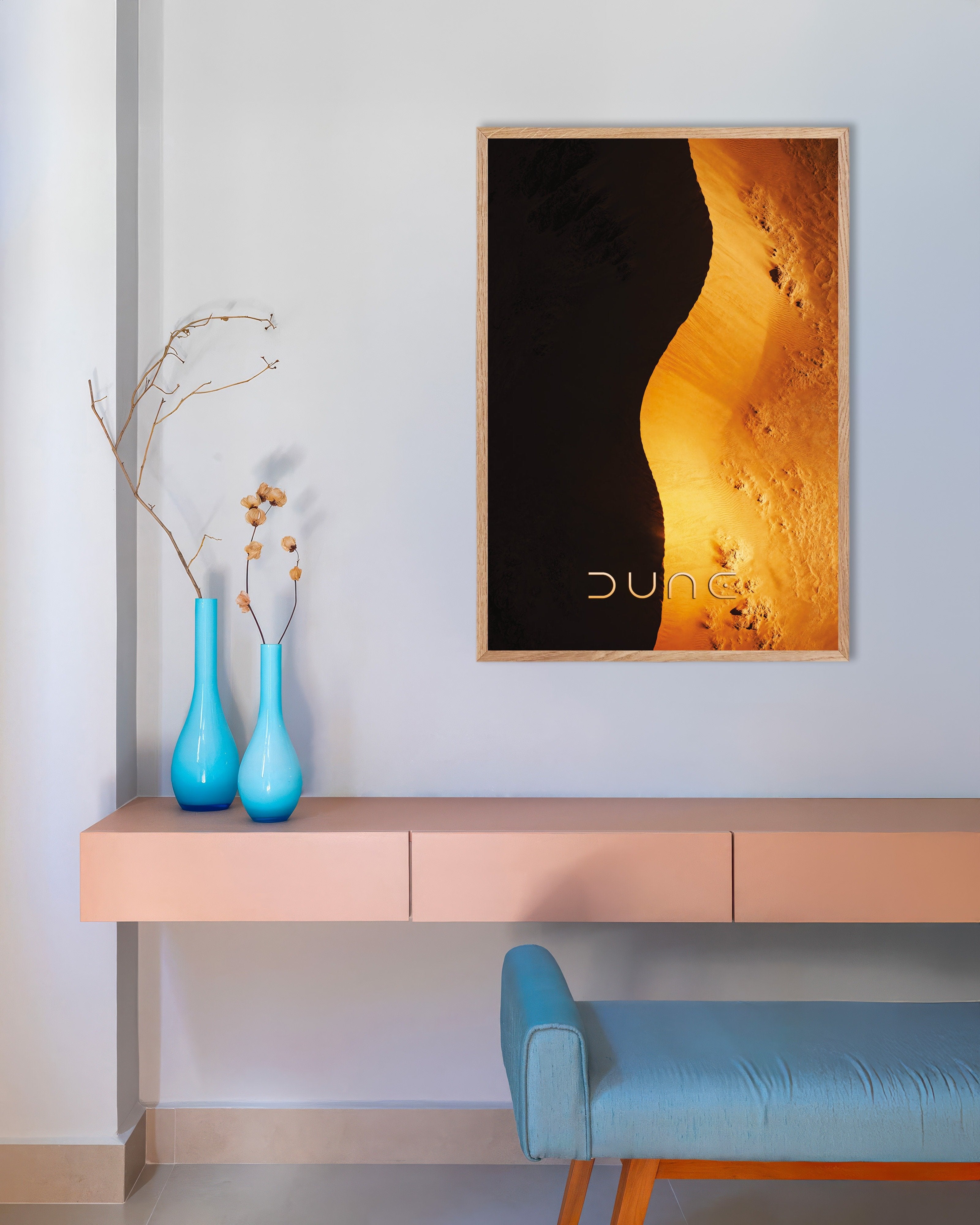 Poster of Golden Dune Curve Poster, Desert Shadow Art Print, with natural wooden frame