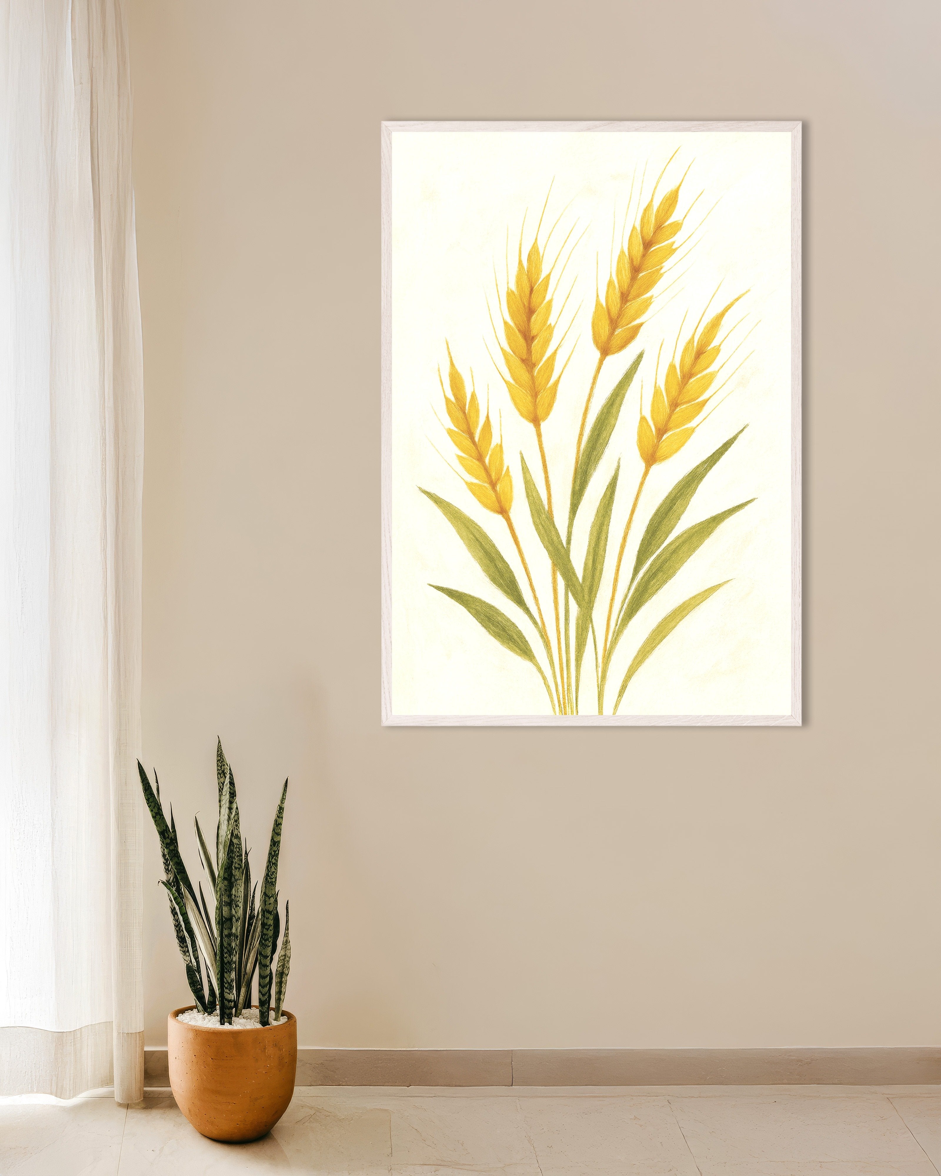 Poster of Golden wheat botanical art print, with white wooden frame