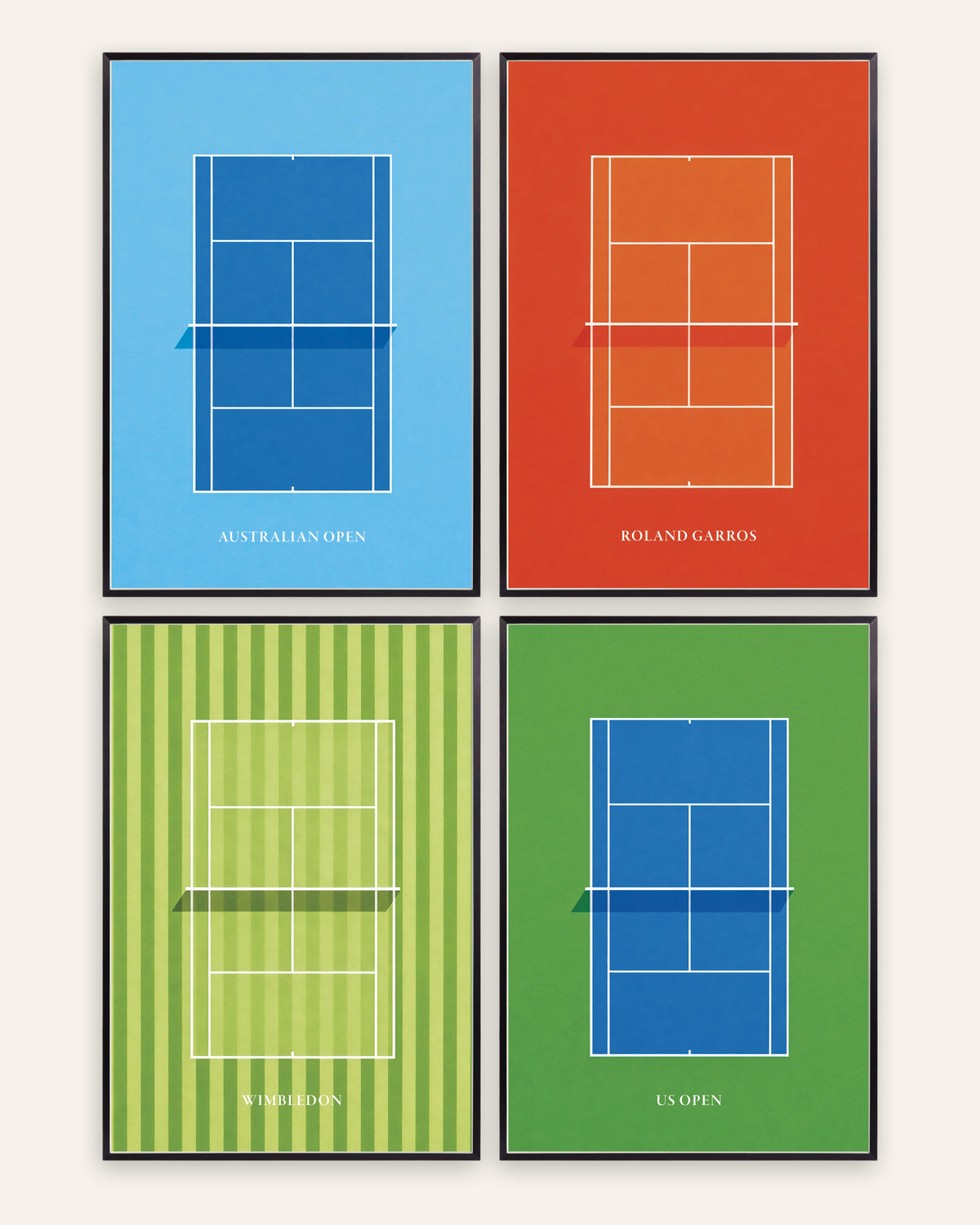 Grand Slam tennisposters, set van 4: Australian Open, Roland Garros, Wimbledon en US Open, in zwarte metalen lijsten