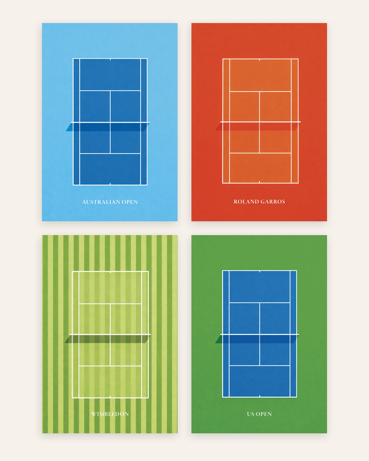 Grand Slam tennisposters, set van 4: Australian Open, Roland Garros, Wimbledon en US Open, zonder lijst
