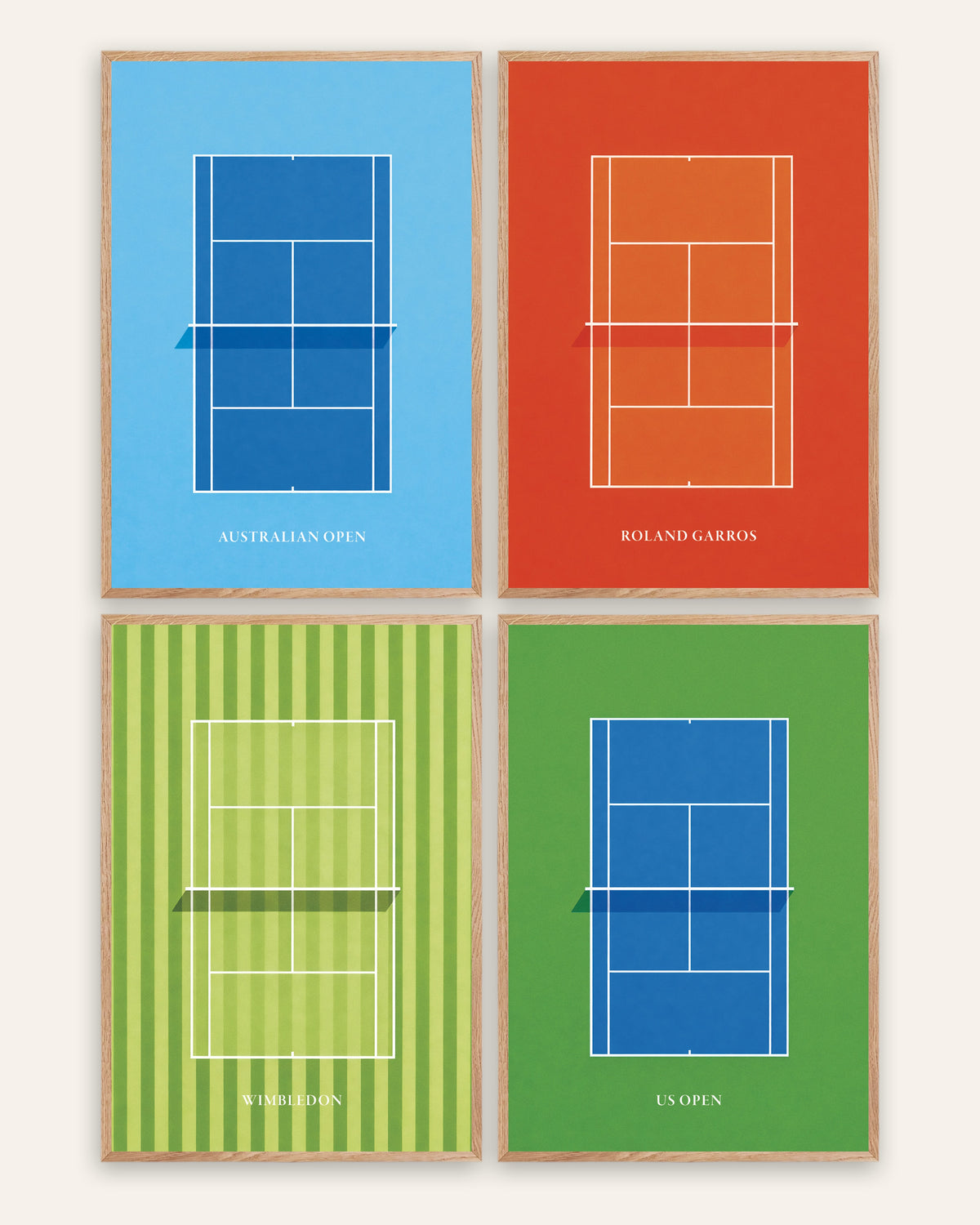 Grand Slam tennisposters, set van 4: Australian Open, Roland Garros, Wimbledon en US Open, in naturel eikenhouten lijsten