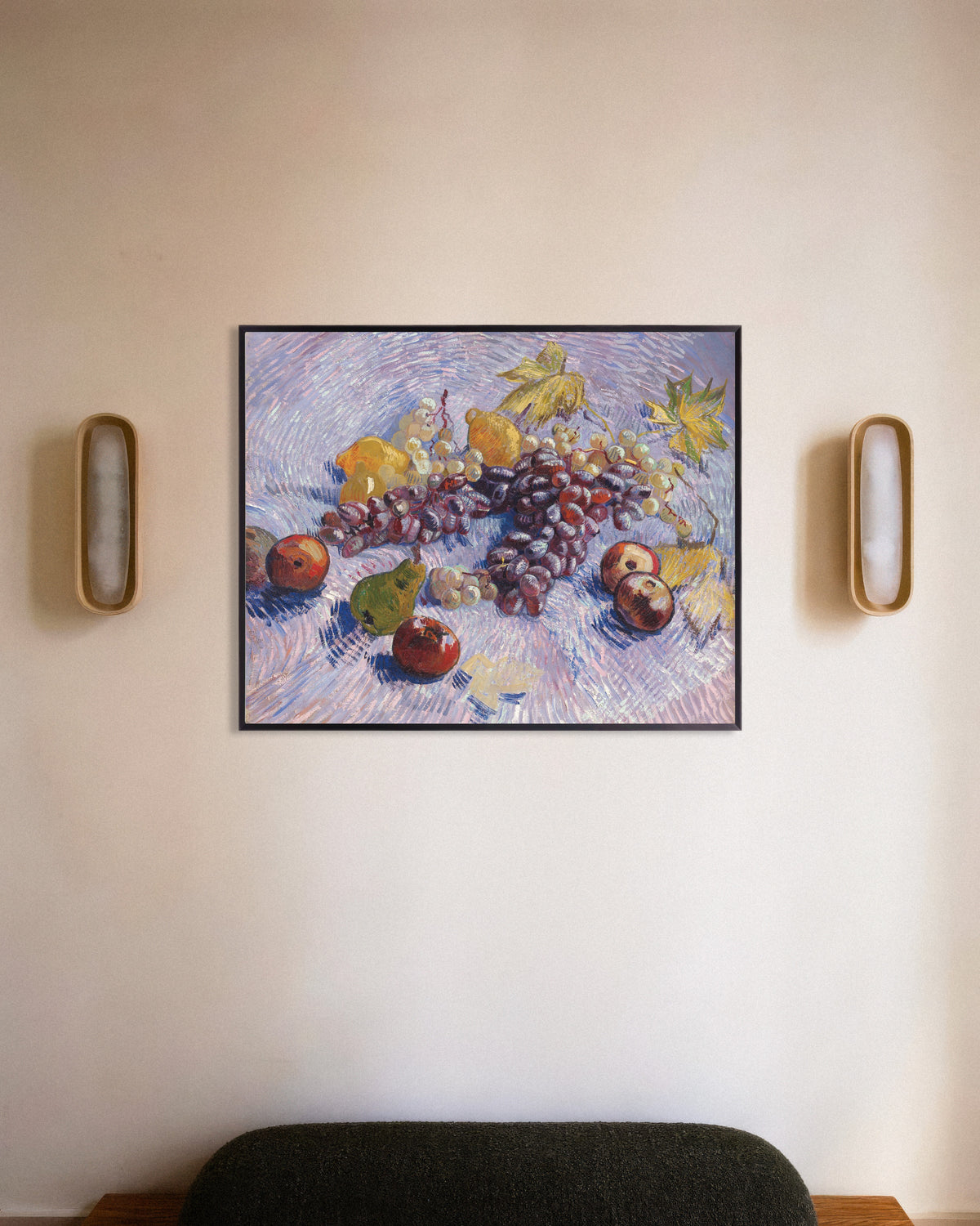 Poster van Druiven, citroenen, peren en appels (1887) van Vincent van Gogh, met metalen lijst