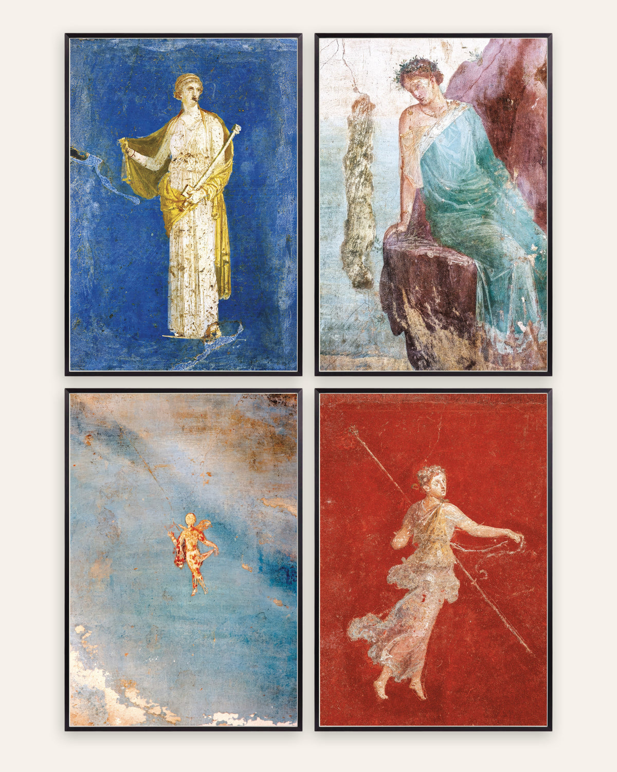 Affiches fresques romaines, lot de 4 : Médée, Icare, Psyché et ménade, cadres en métal noir